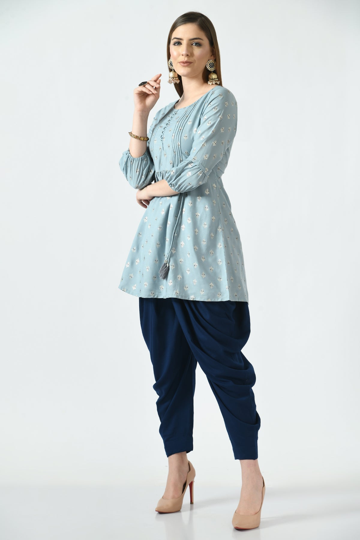 Grey Printed Top with Dhoti Pant