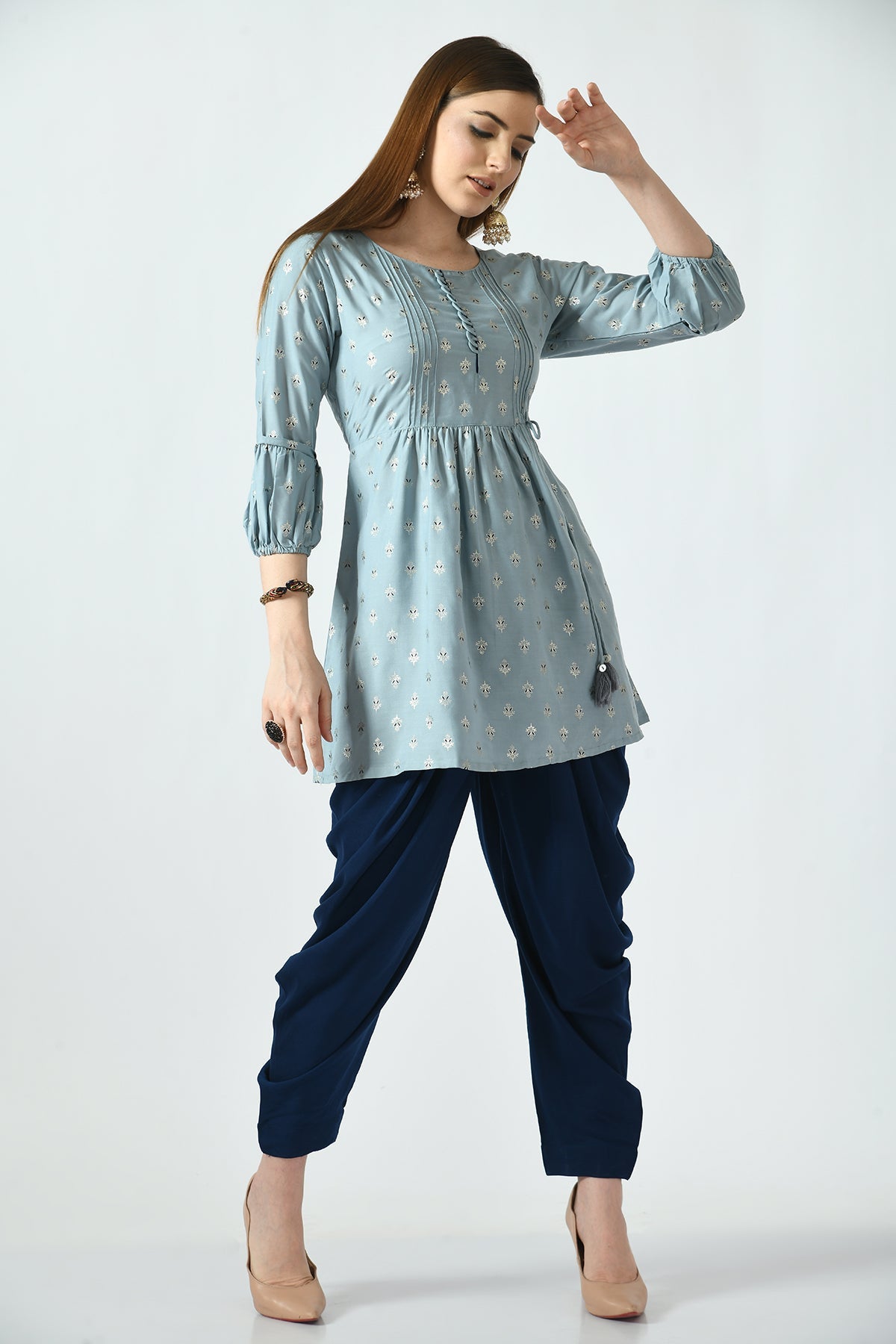 Grey Printed Top with Dhoti Pant