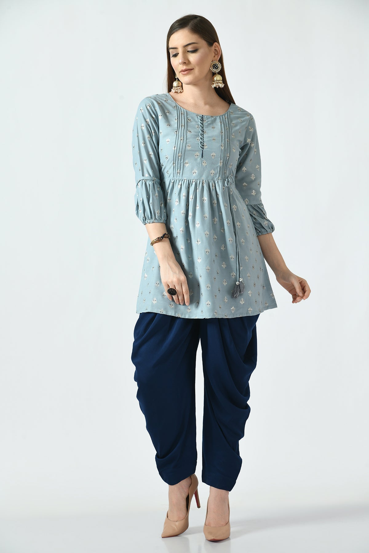 Grey Printed Top with Dhoti Pant