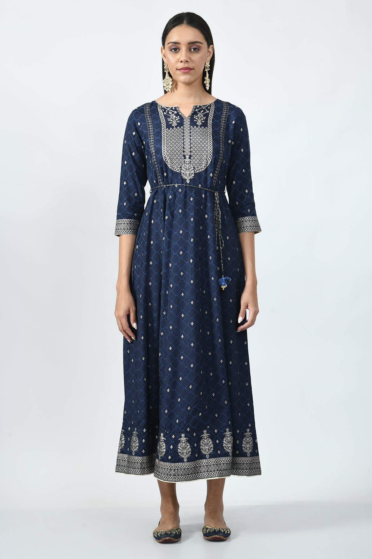 Blue and Silver-Toned Printed Dress