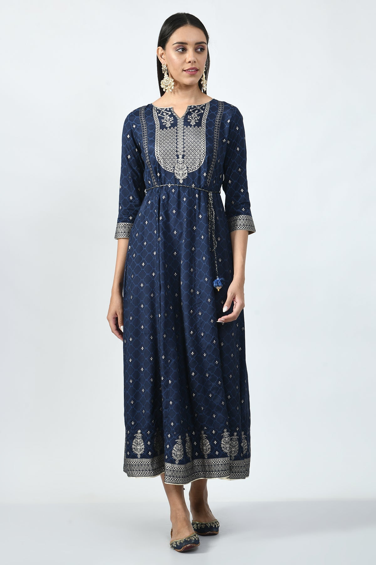Blue and Silver-Toned Printed Dress