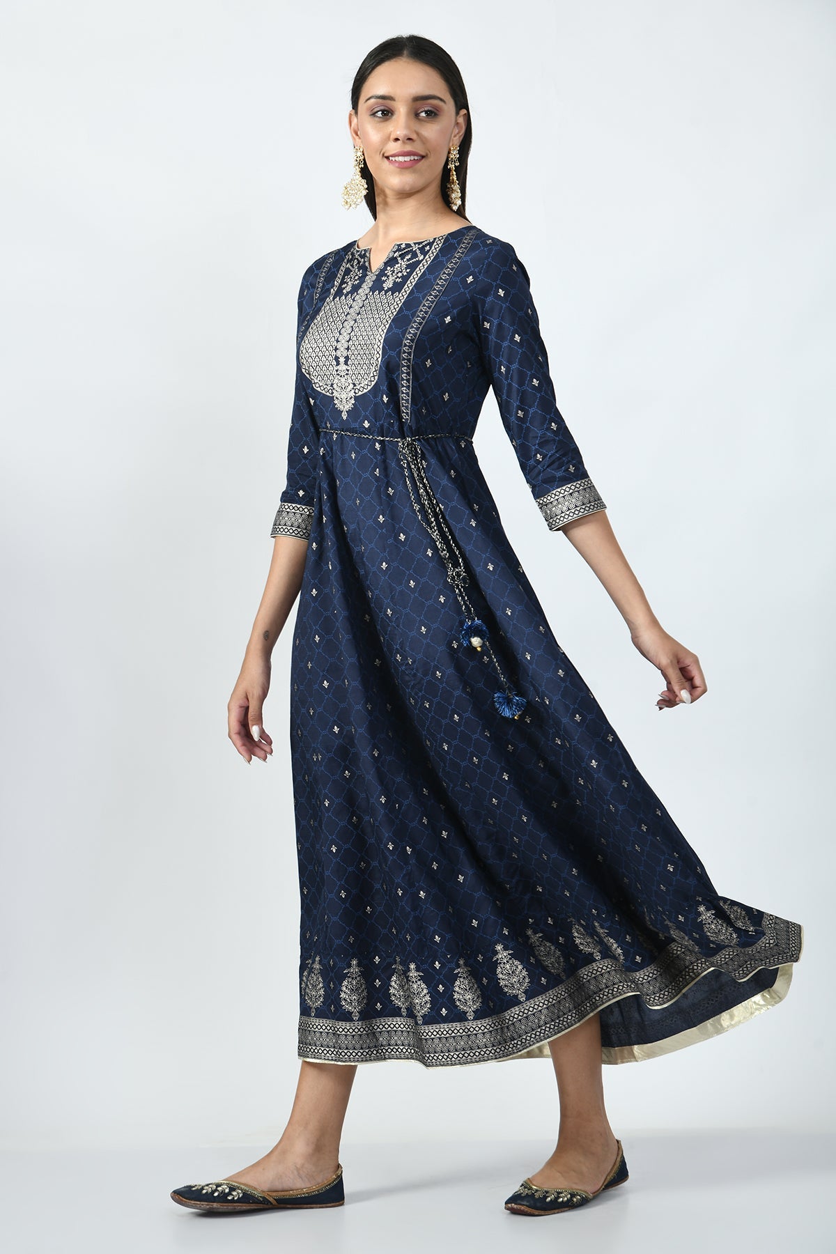 Blue and Silver-Toned Printed Dress