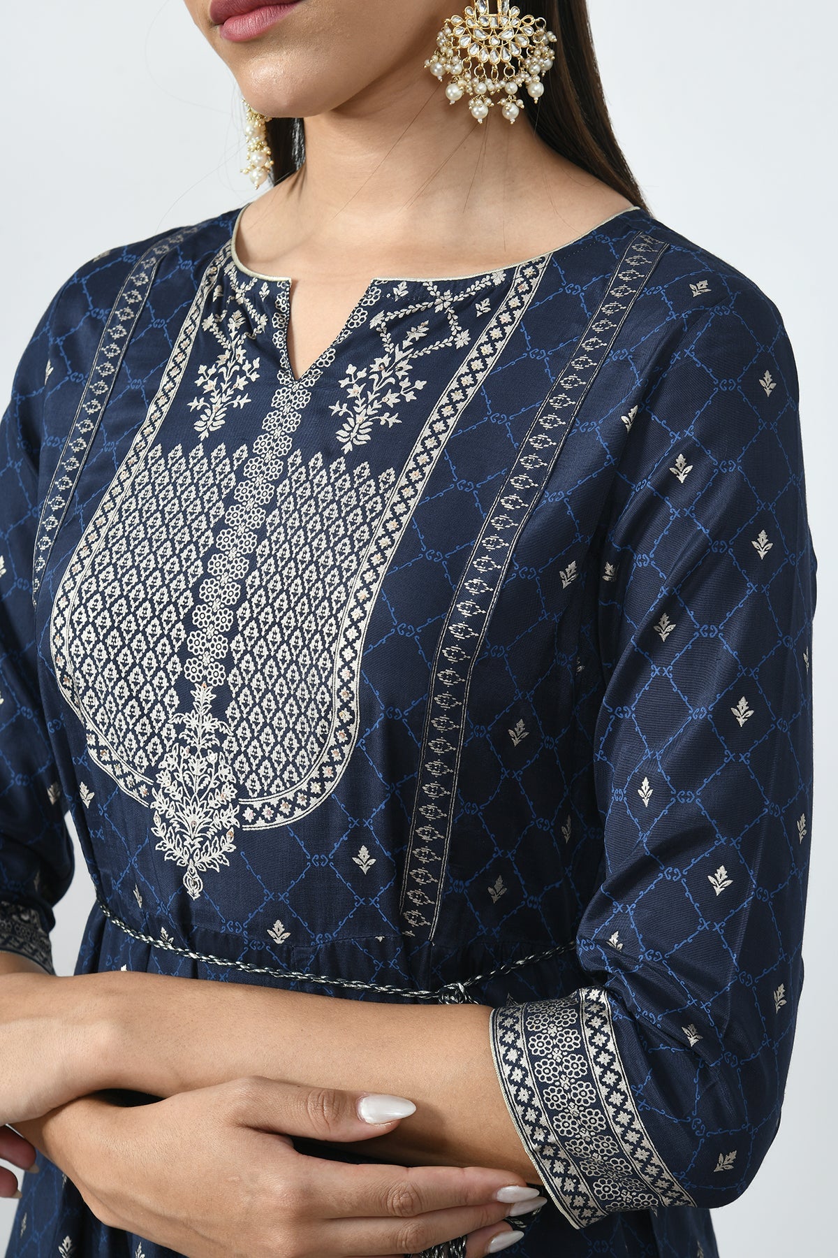 Blue and Silver-Toned Printed Dress