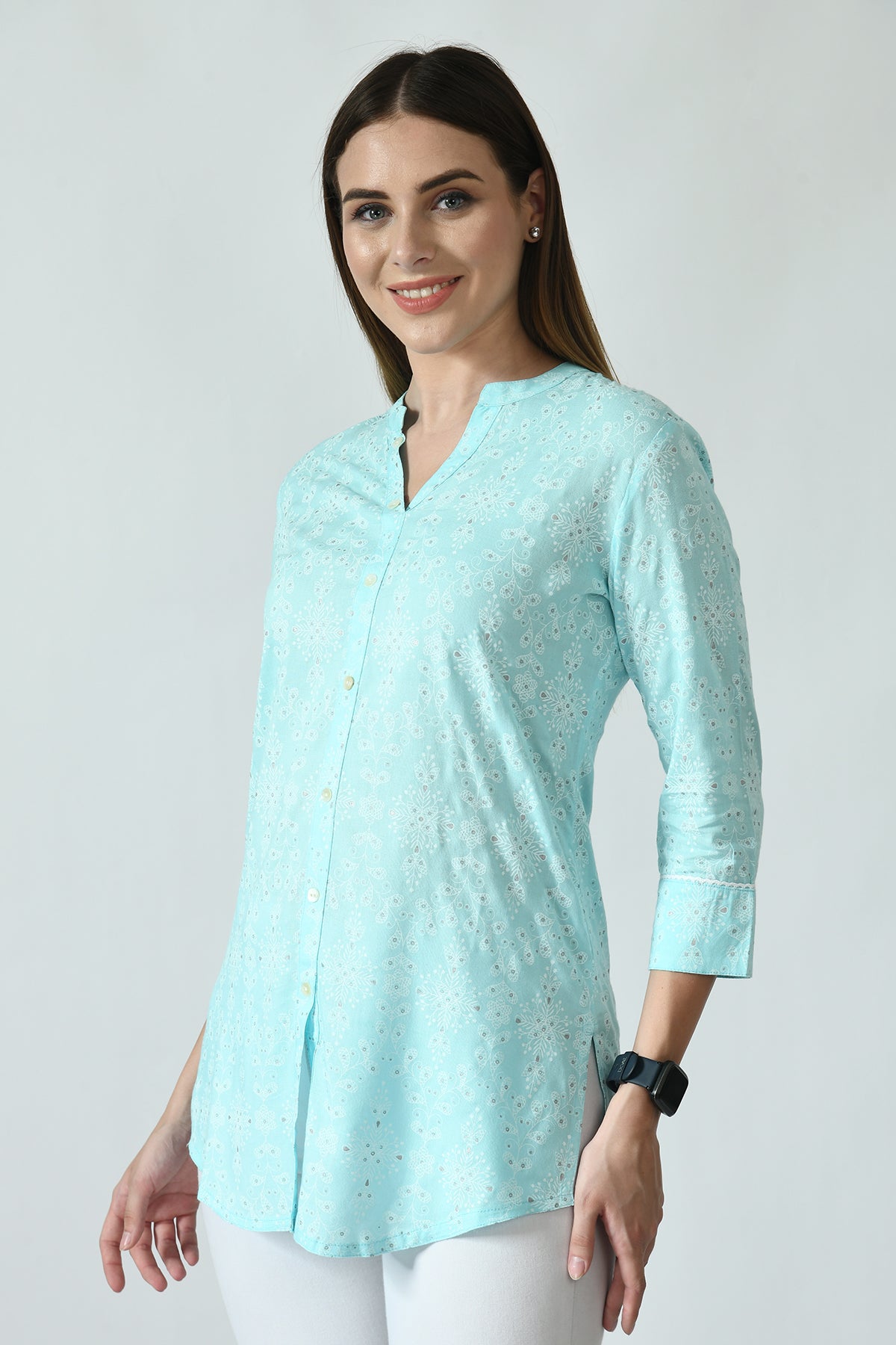 Sky Blue Floral Screen Printed Top