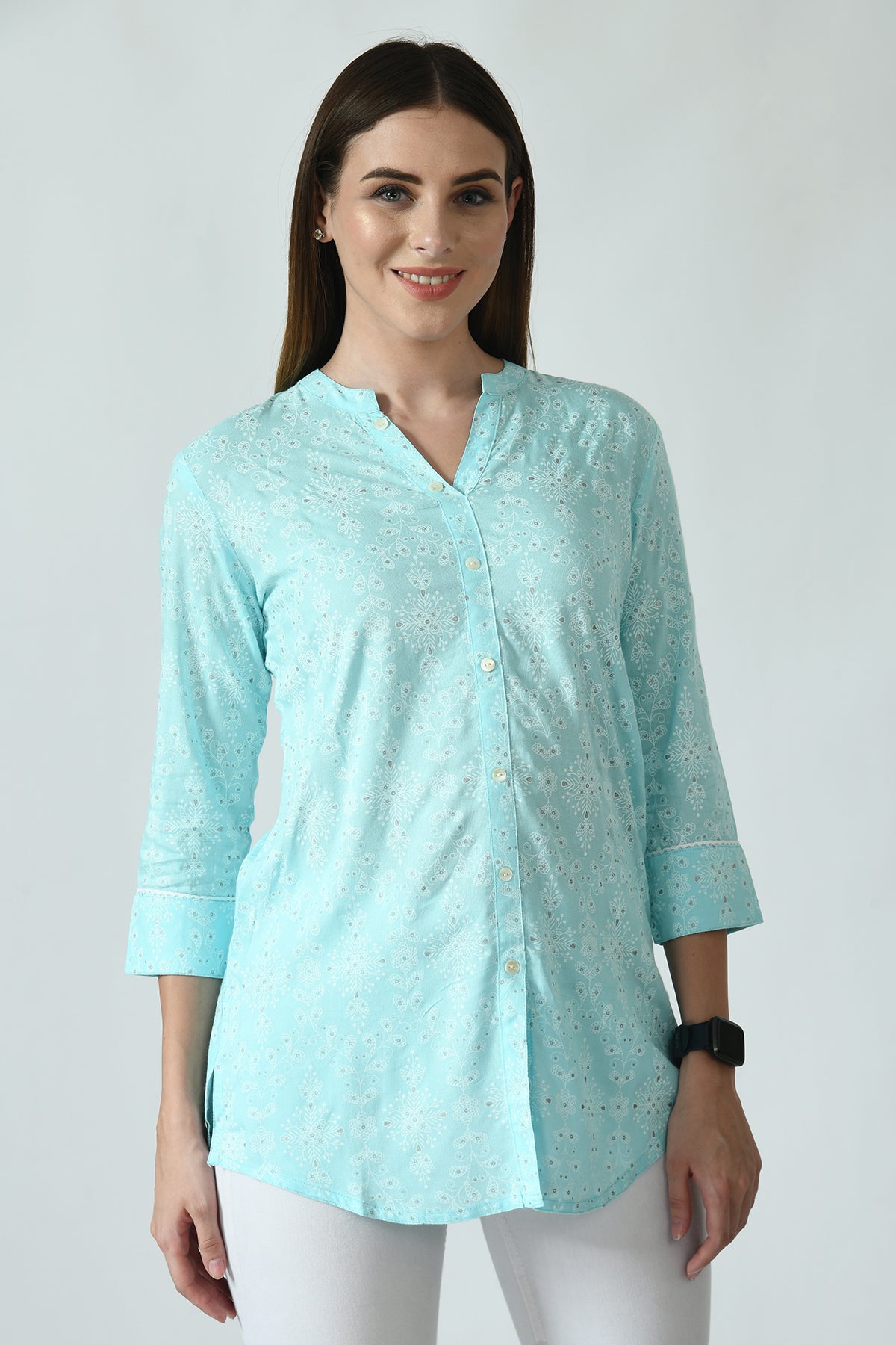 Sky Blue Floral Screen Printed Top