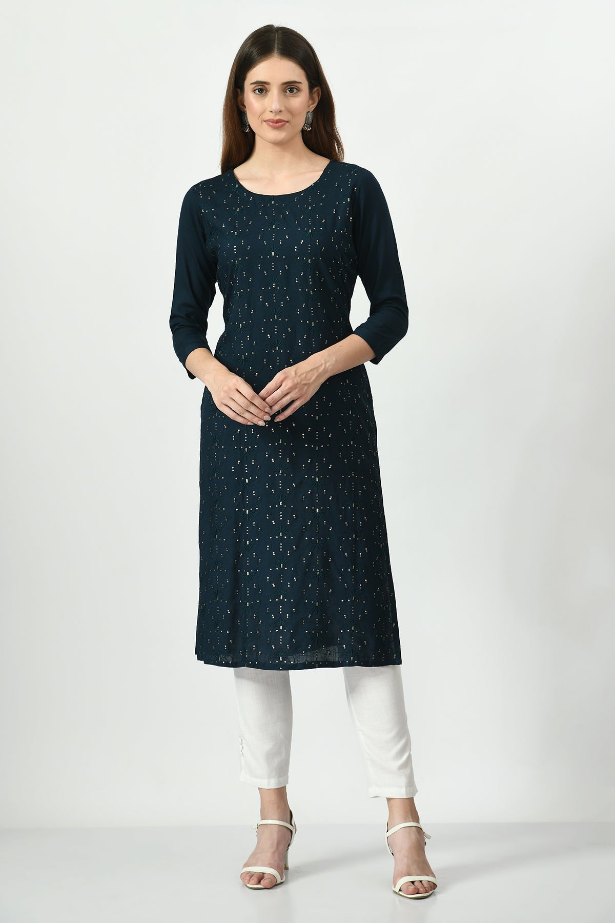 Teal Blue Embroidered Straight Kurta