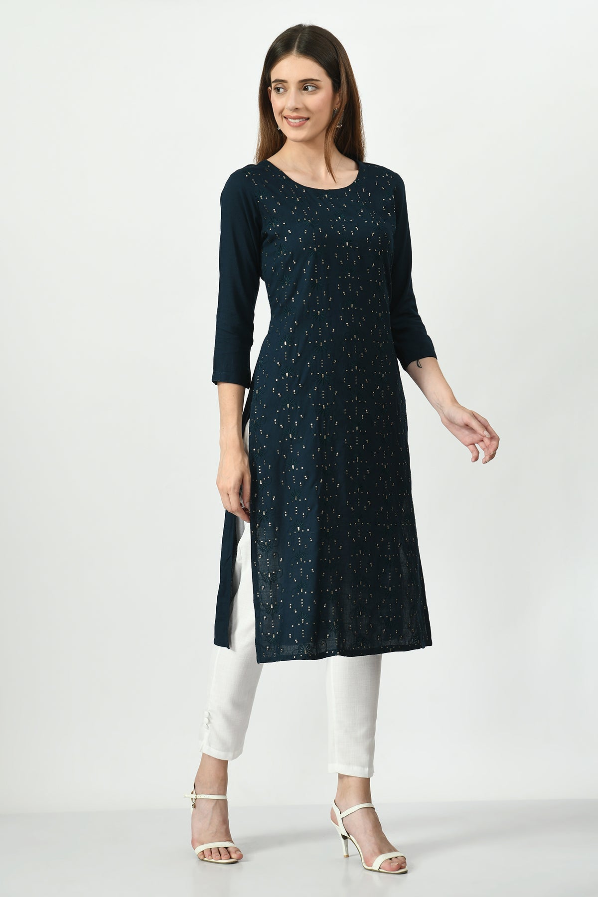 Teal Blue Embroidered Straight Kurta