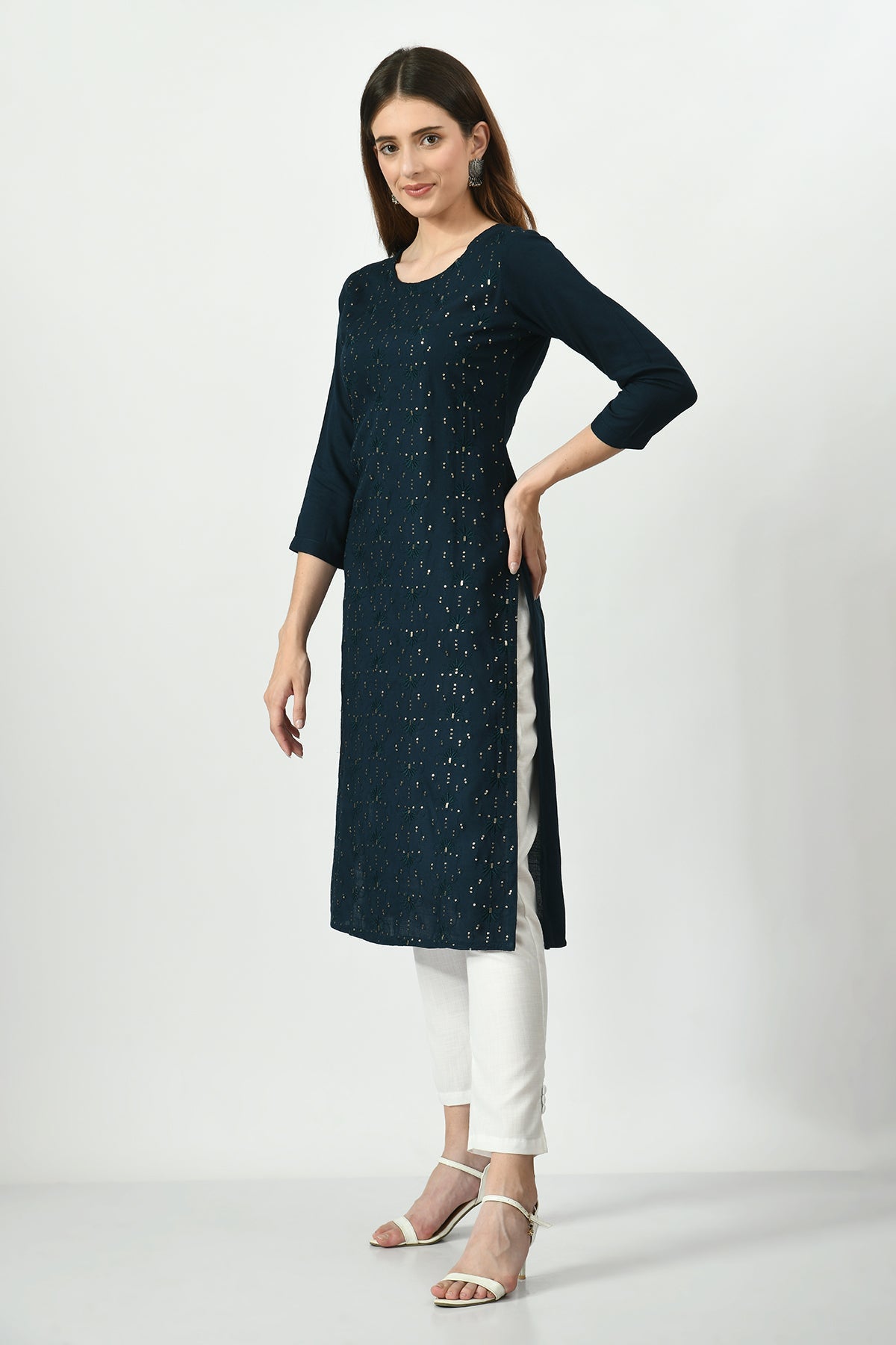 Teal Blue Embroidered Straight Kurta