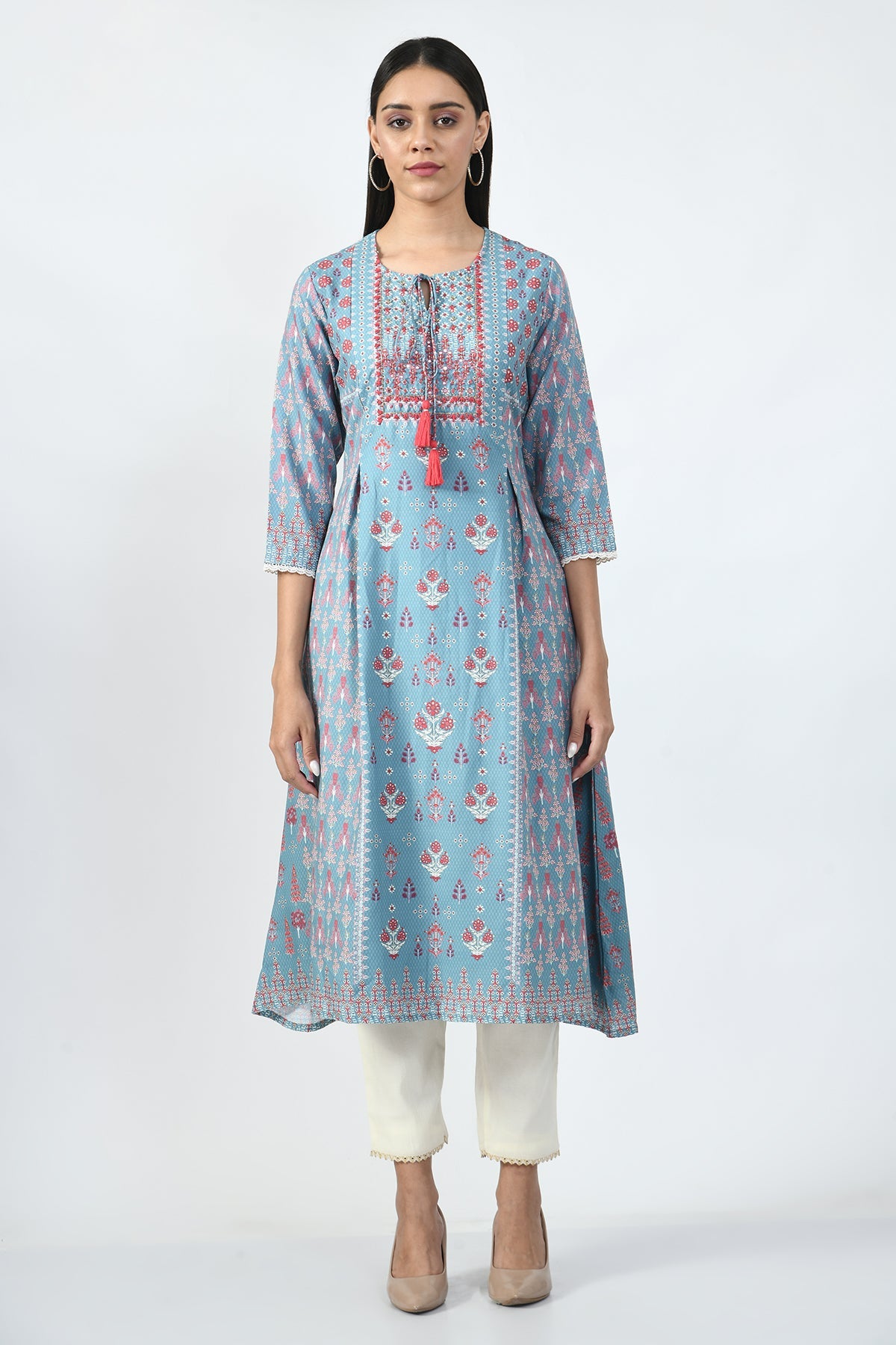 Sea Green Embroidered and Printed Kurta