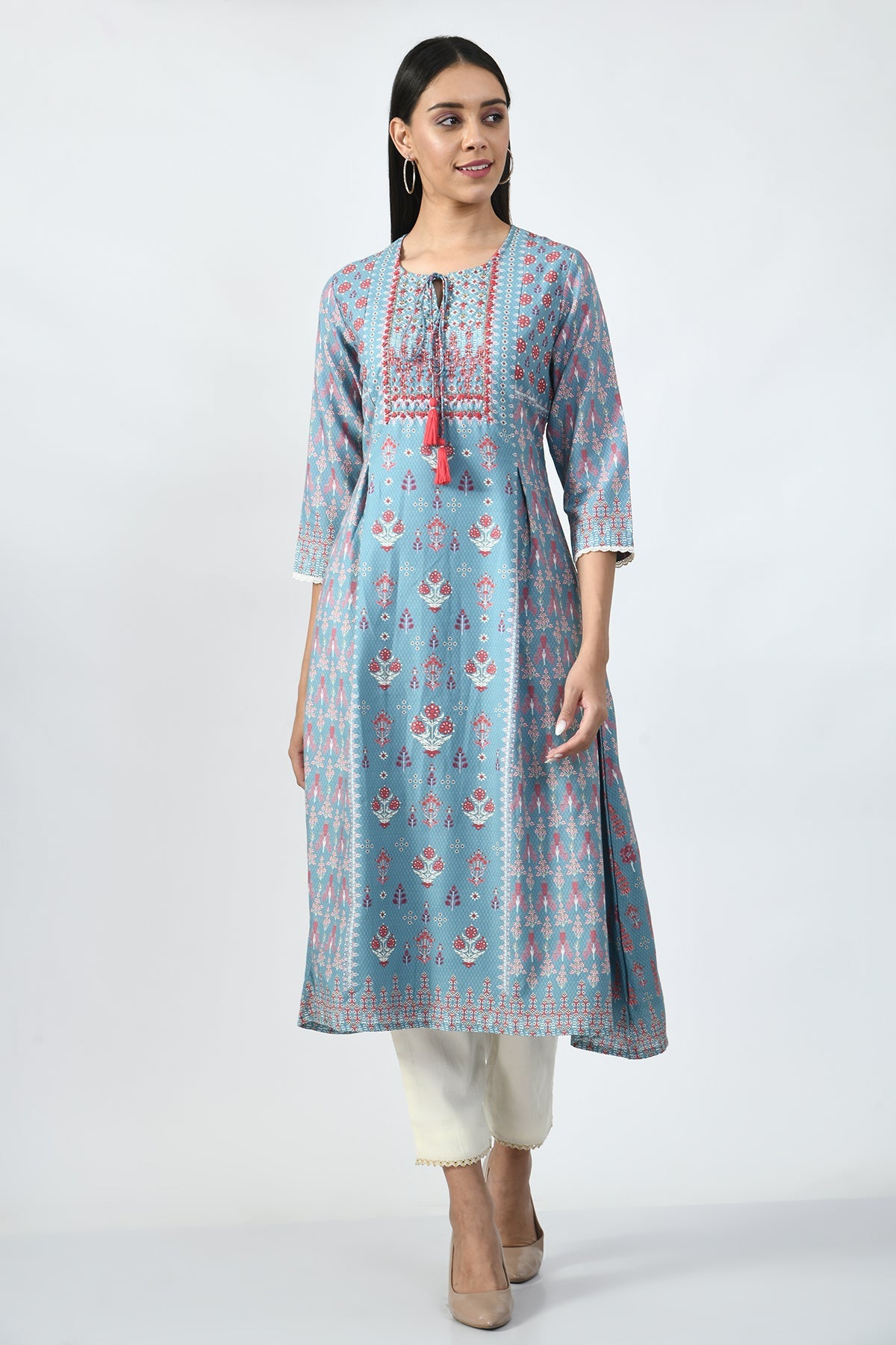 Sea Green Embroidered and Printed Kurta