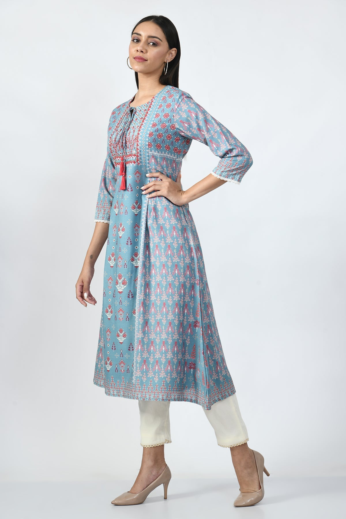 Sea Green Embroidered and Printed Kurta