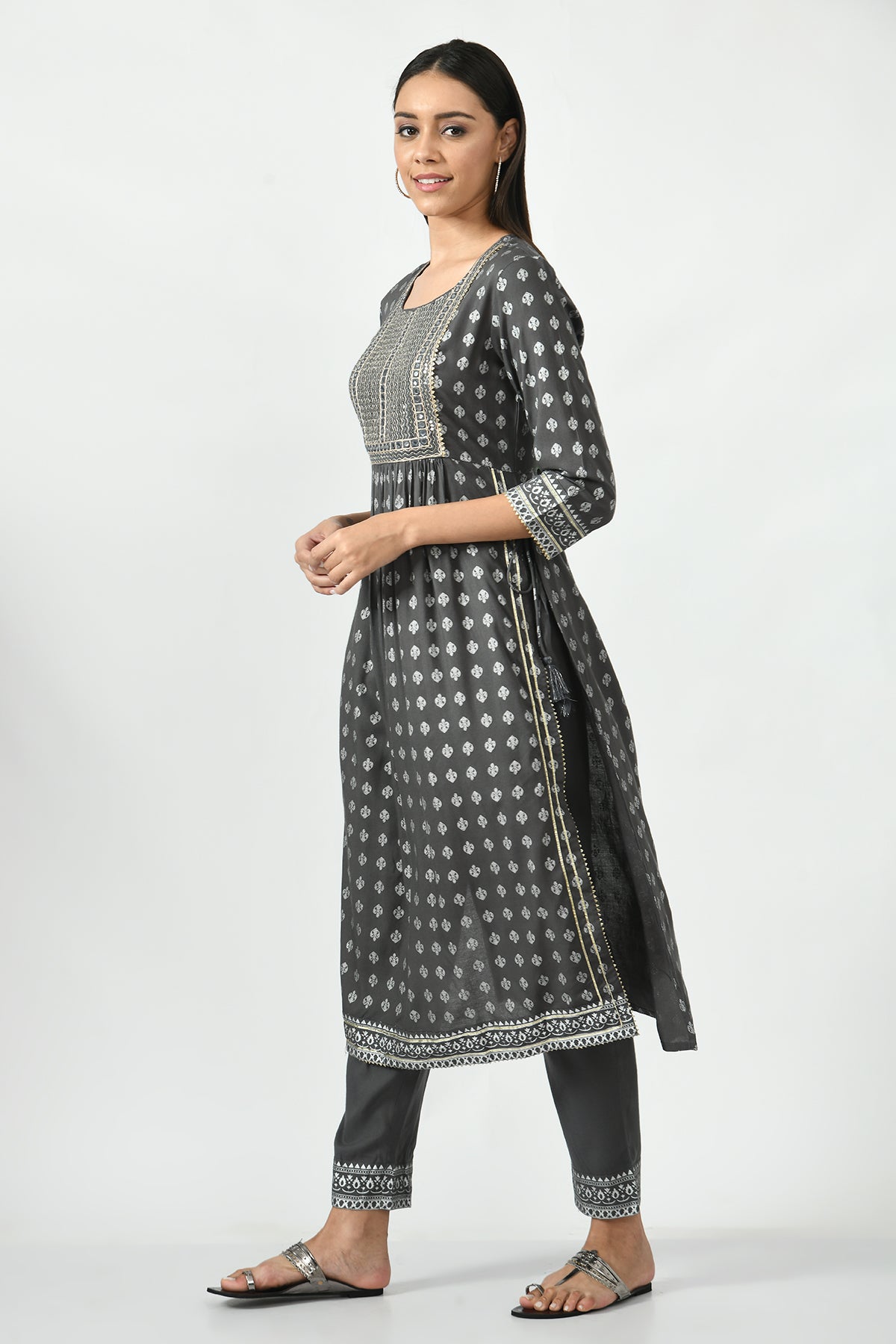 Grey Printed and Embroidered Kurti set