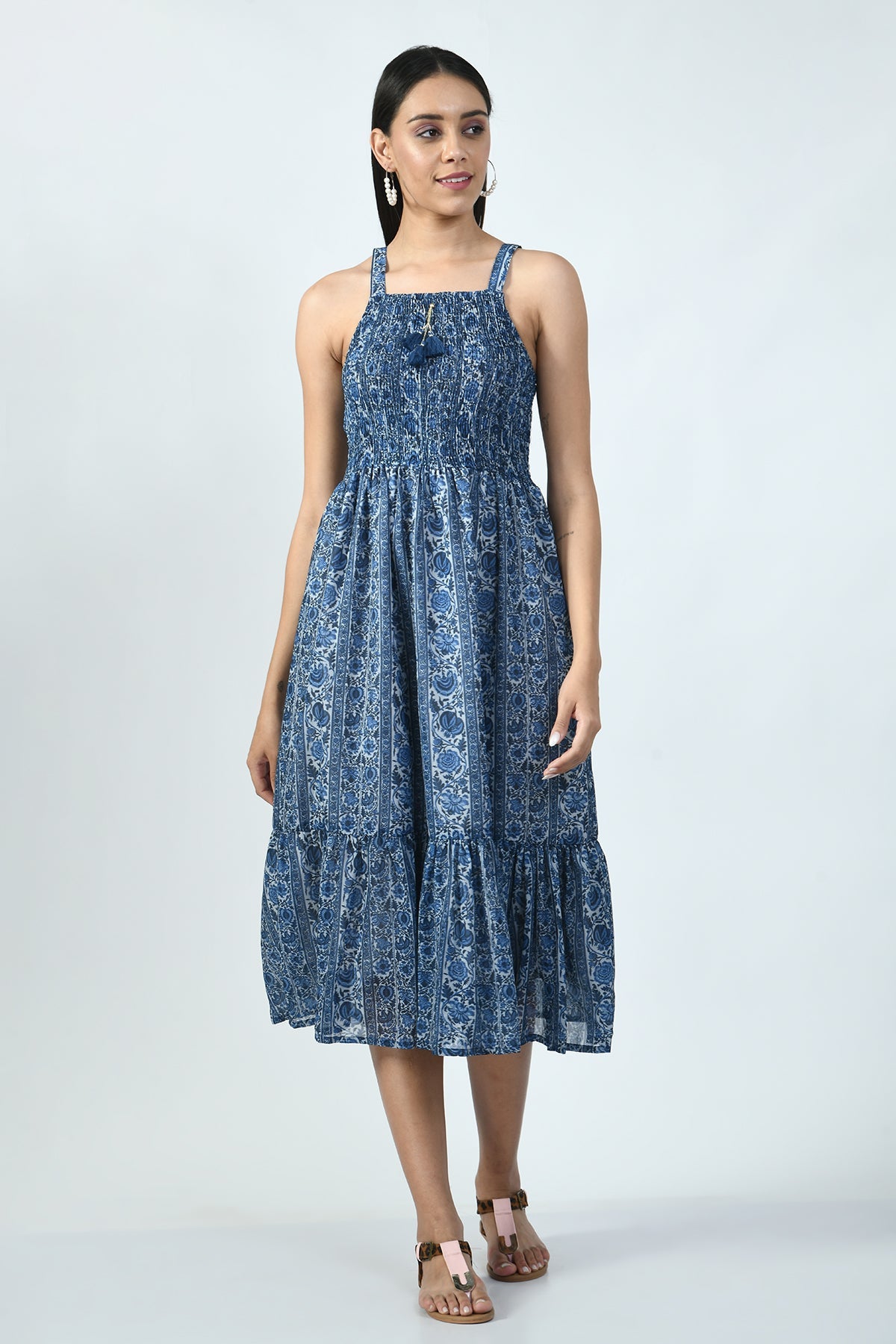 Indigo Printed Midi Dress with Printed and Sequined Jacket