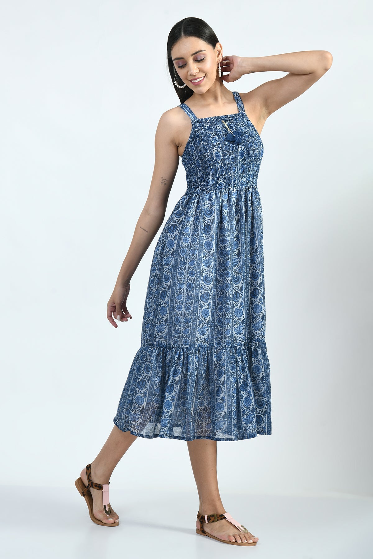 Indigo Printed Midi Dress with Printed and Sequined Jacket