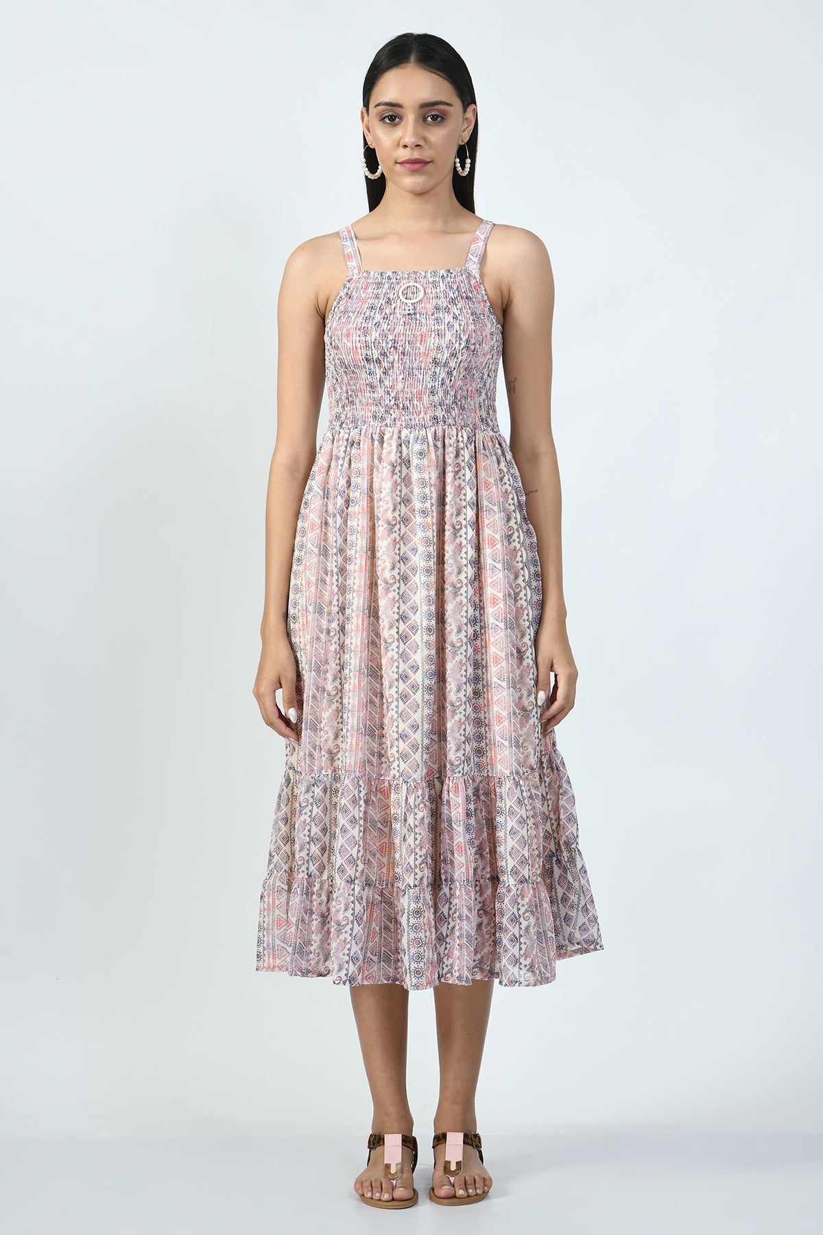 Multi Printed Midi Dress with Printed and Sequined Jacket