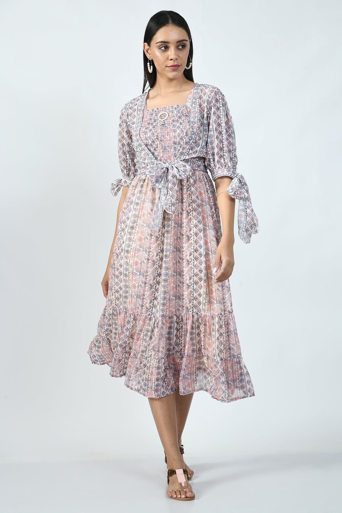 Multi Printed Midi Dress with Printed and Sequined Jacket