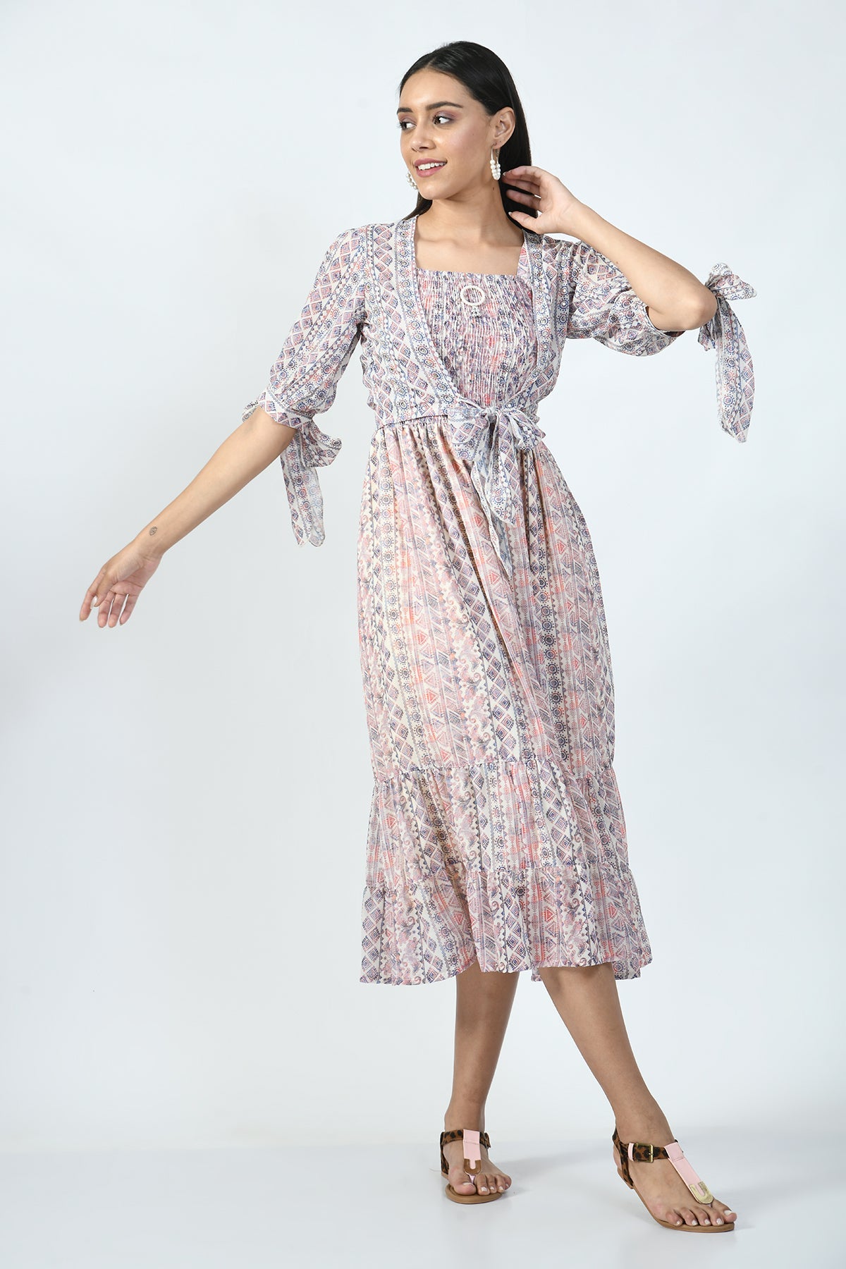 Multi Printed Midi Dress with Printed and Sequined Jacket