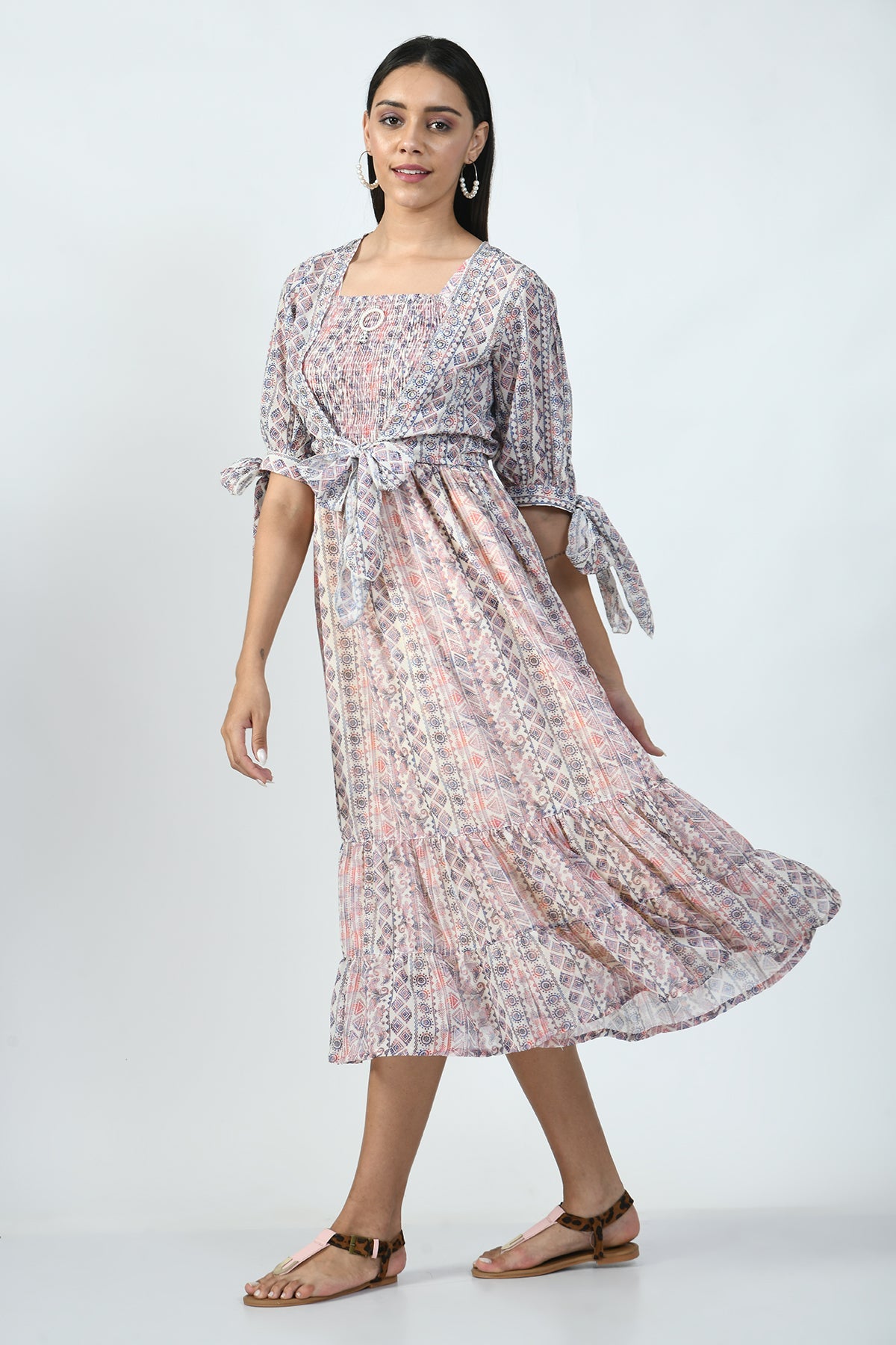 Multi Printed Midi Dress with Printed and Sequined Jacket