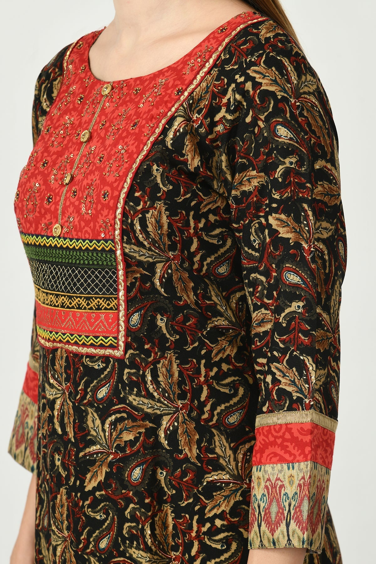 Multi Printed Yoke Embroidered Kurta