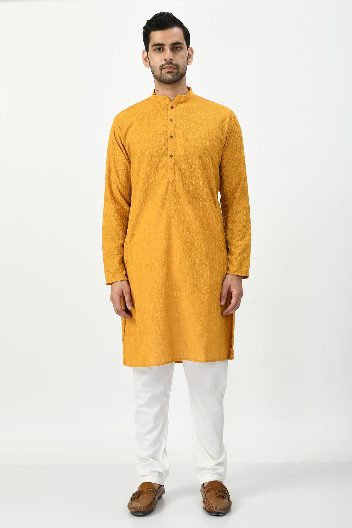 Mustard Yellow Ethnic Motifs Chikankari Kurta with Churidar