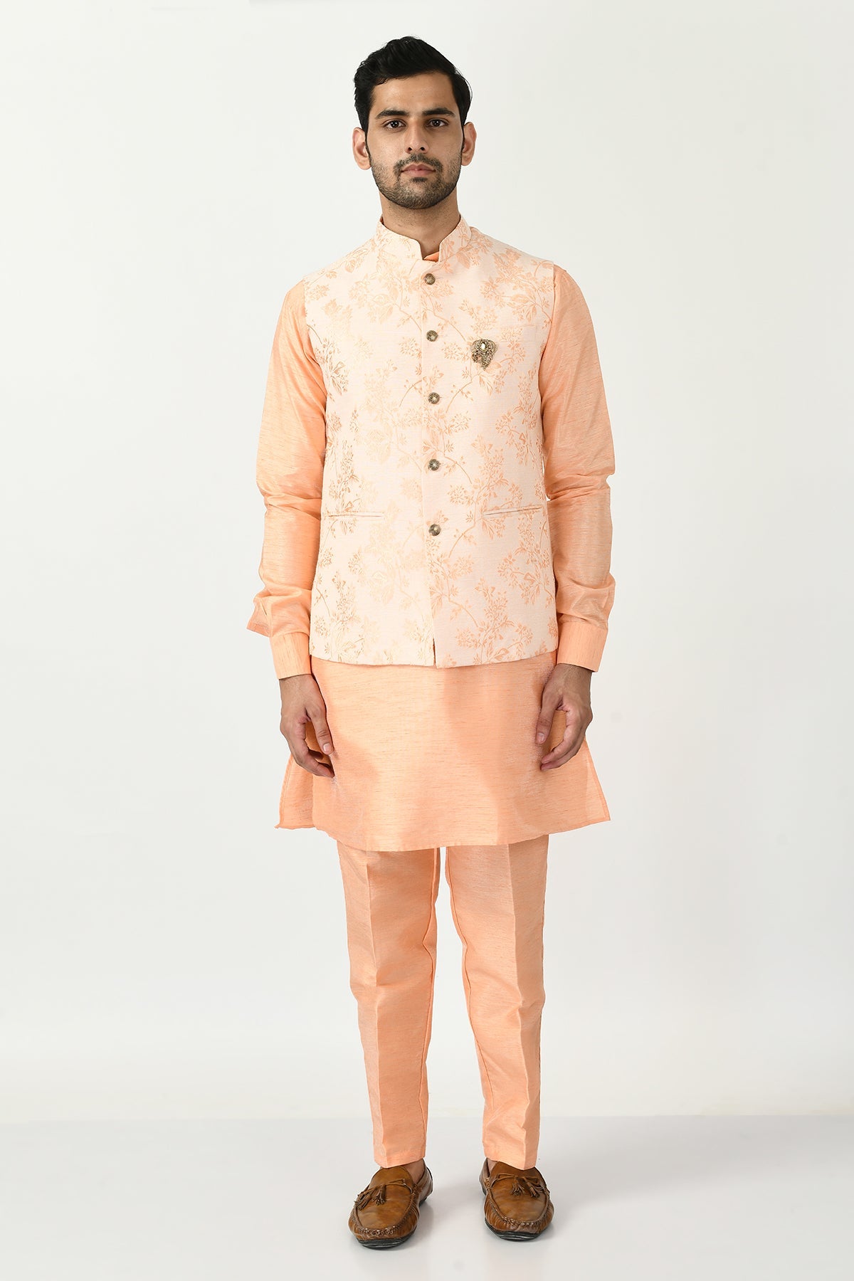 Peach Coloured Kurta Set and Woven Nehru Jacket