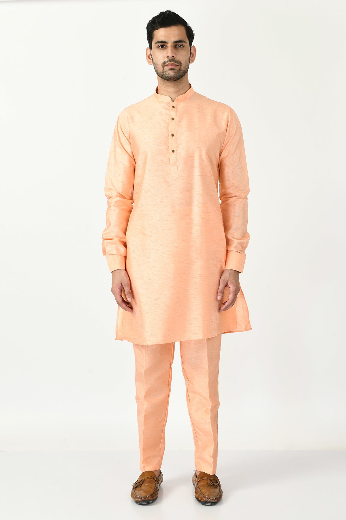 Peach Coloured Kurta Set and Woven Nehru Jacket