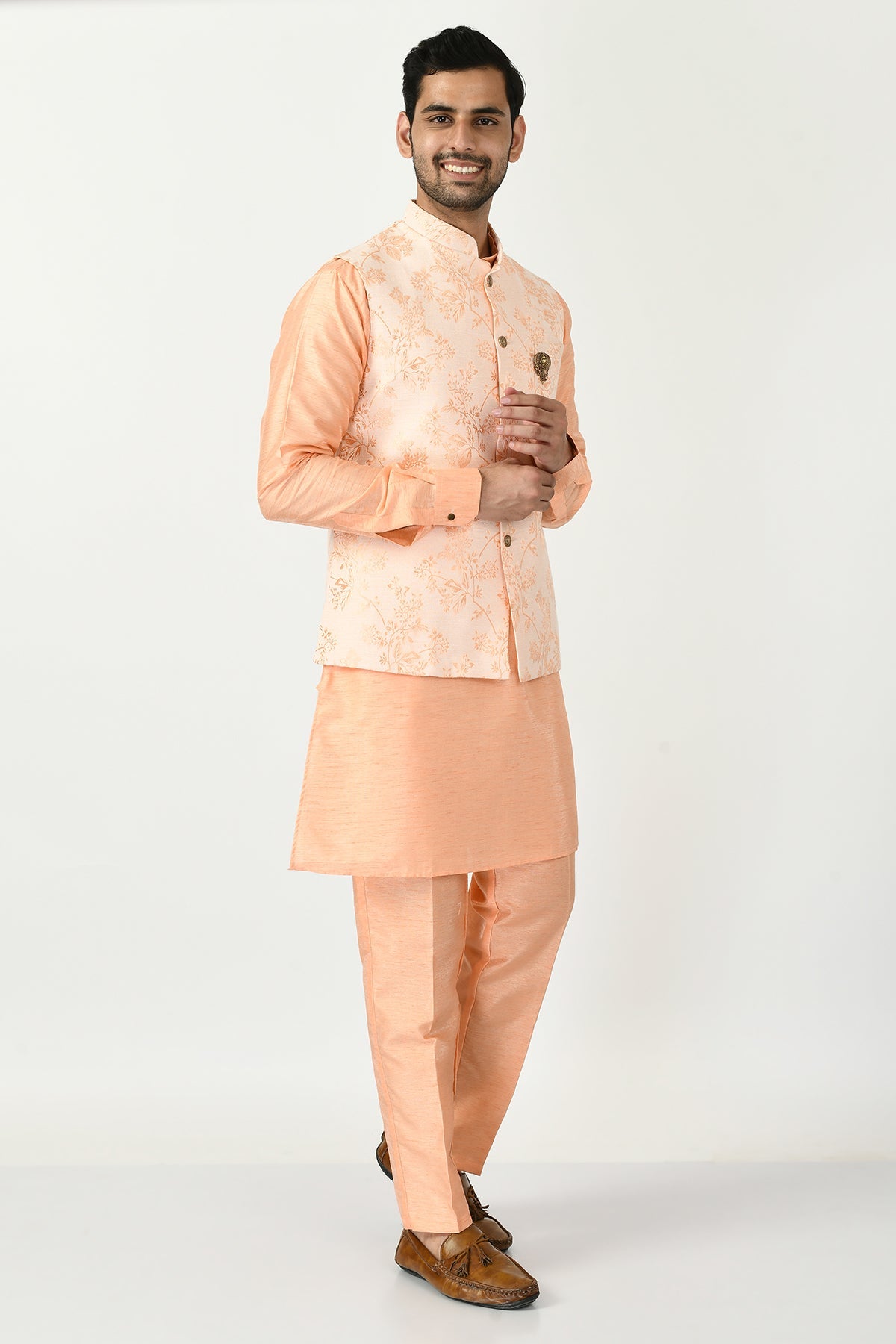 Peach Coloured Kurta Set and Woven Nehru Jacket