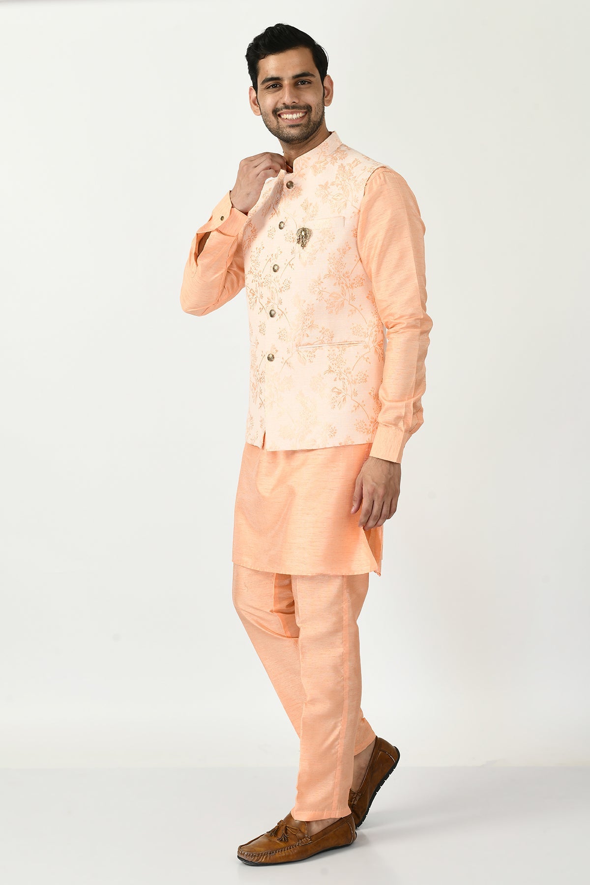 Peach Coloured Kurta Set and Woven Nehru Jacket