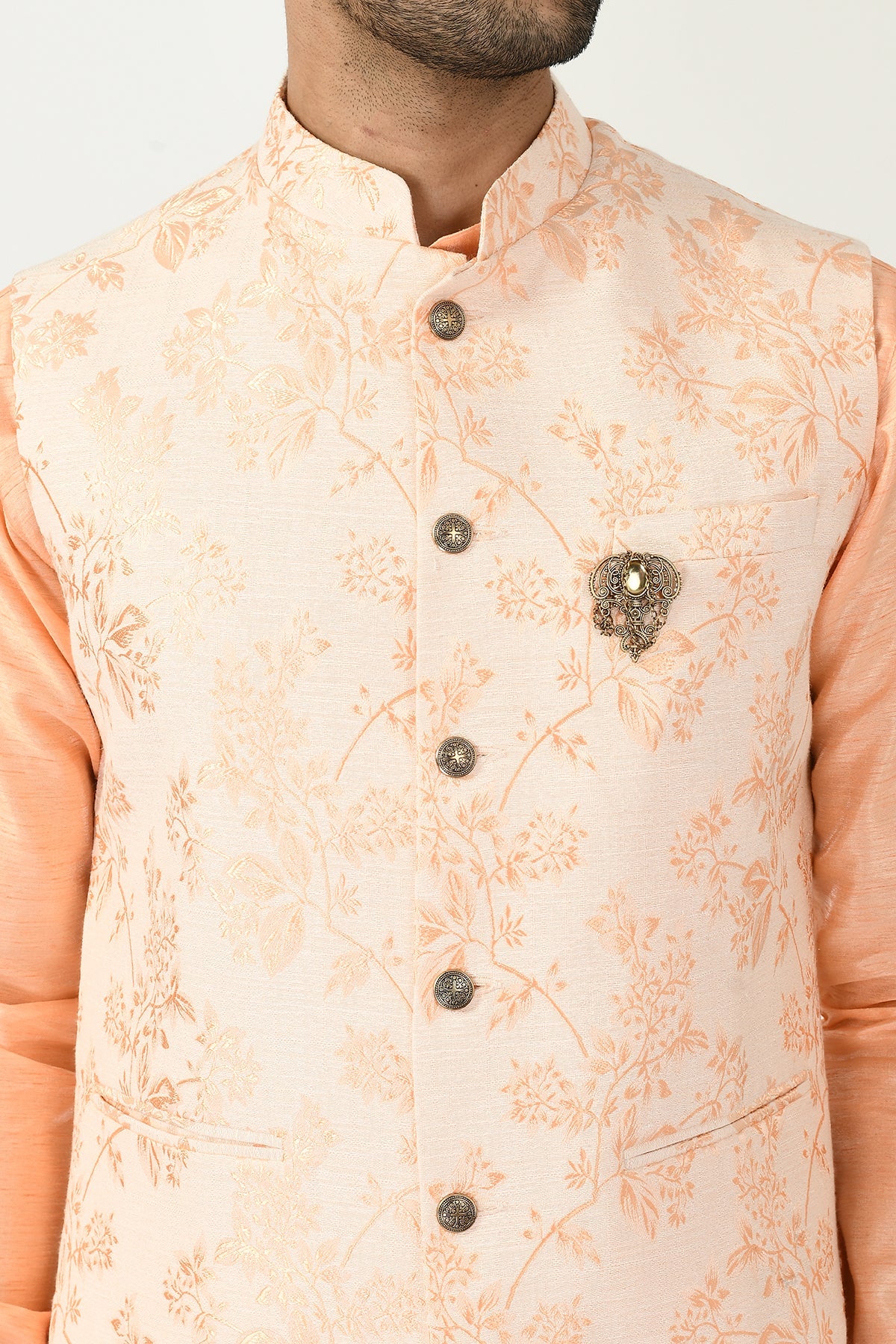 Peach Coloured Kurta Set and Woven Nehru Jacket