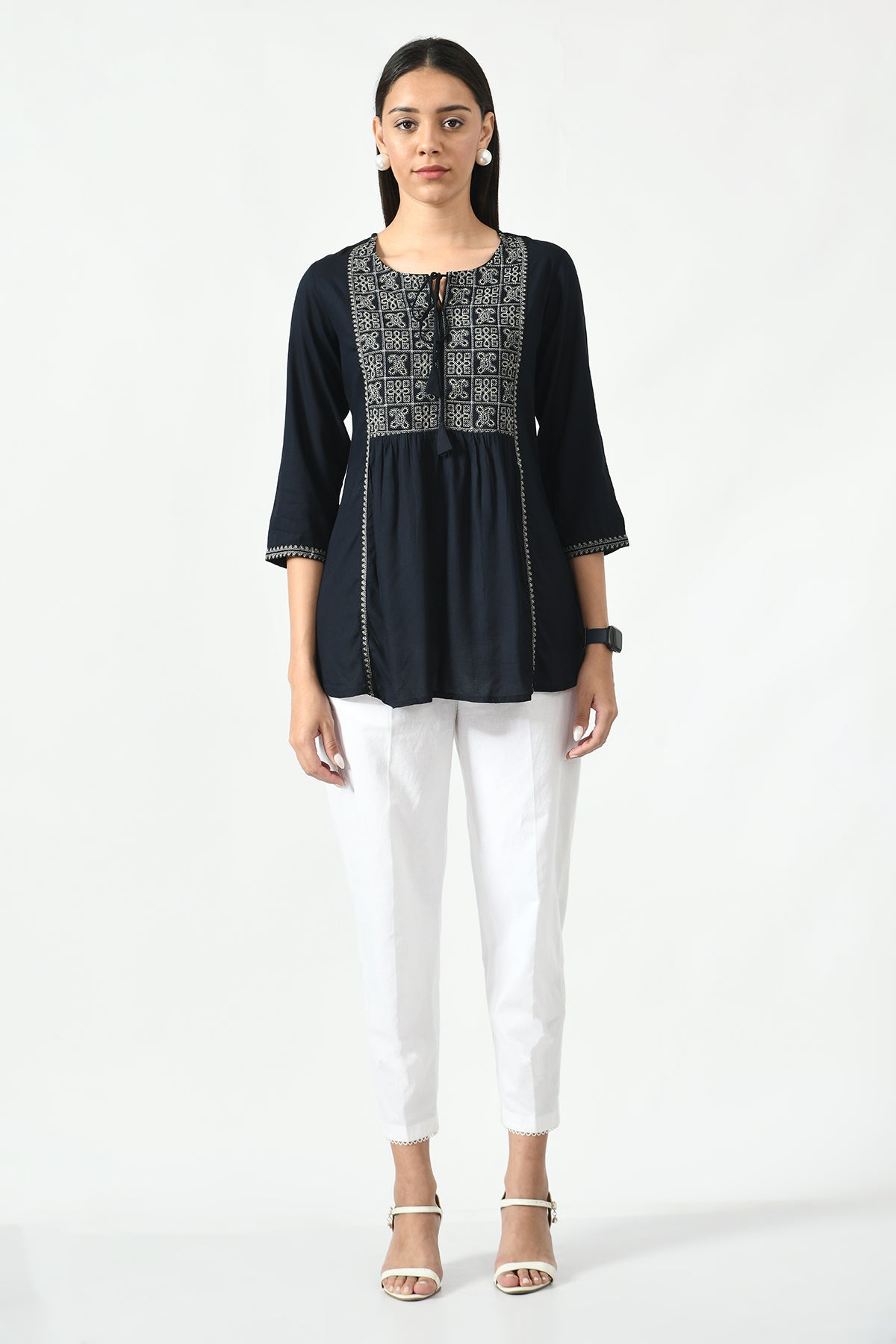Navy Blue Floral Yoke Embroidered Top