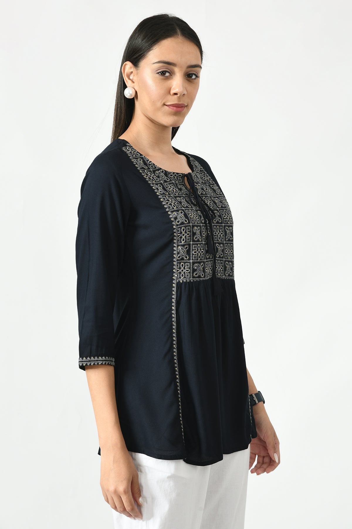 Navy Blue Floral Yoke Embroidered Top
