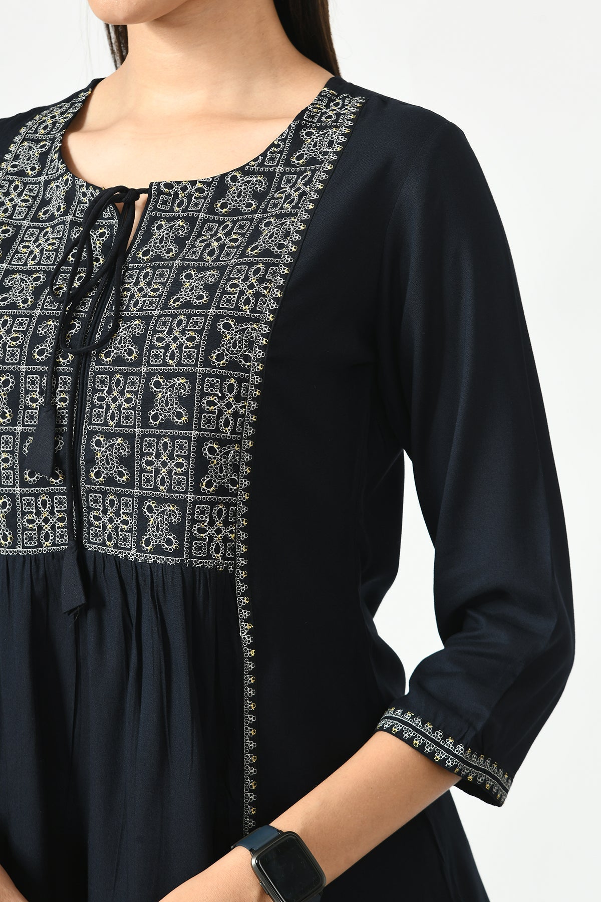 Navy Blue Floral Yoke Embroidered Top