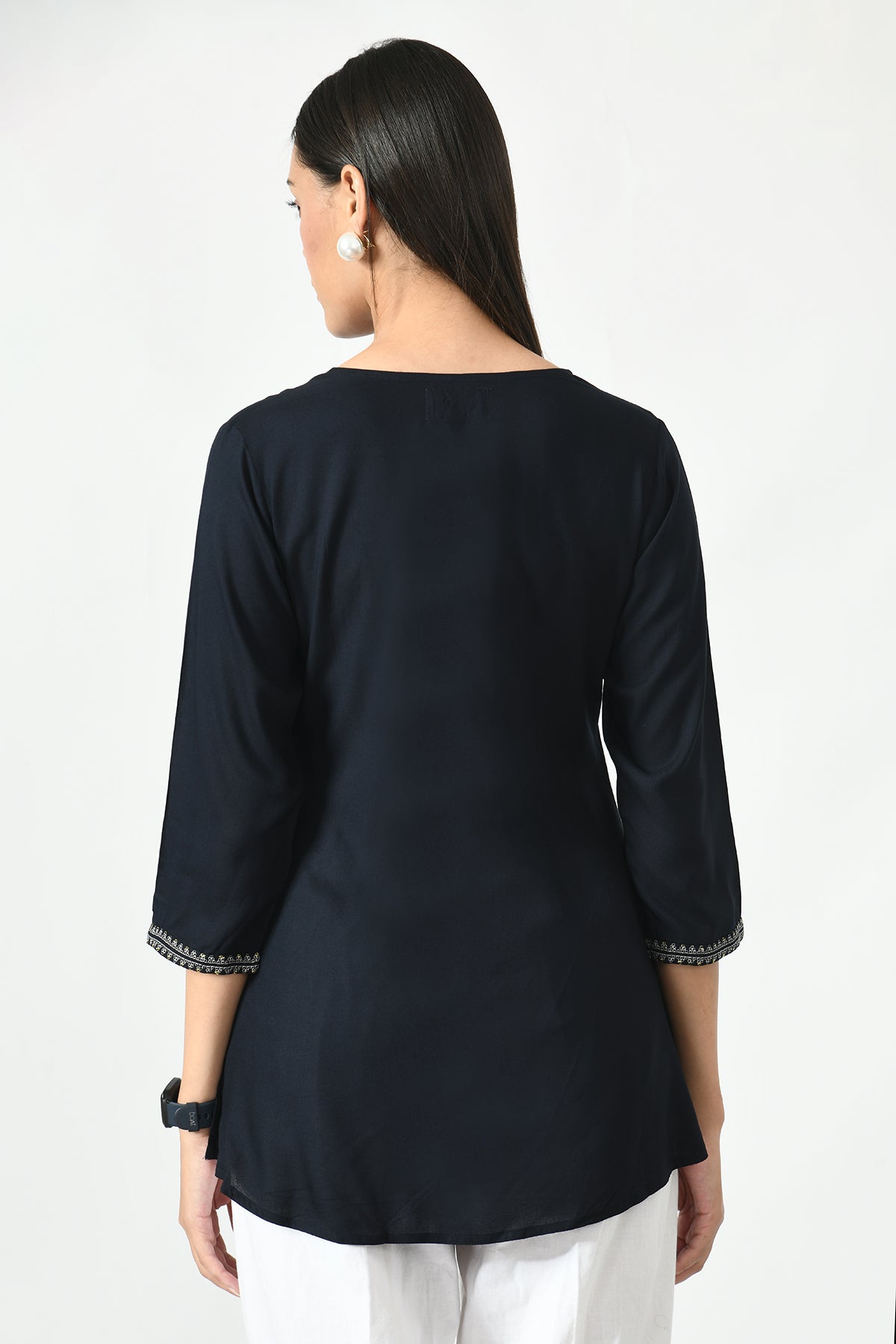 Navy Blue Floral Yoke Embroidered Top
