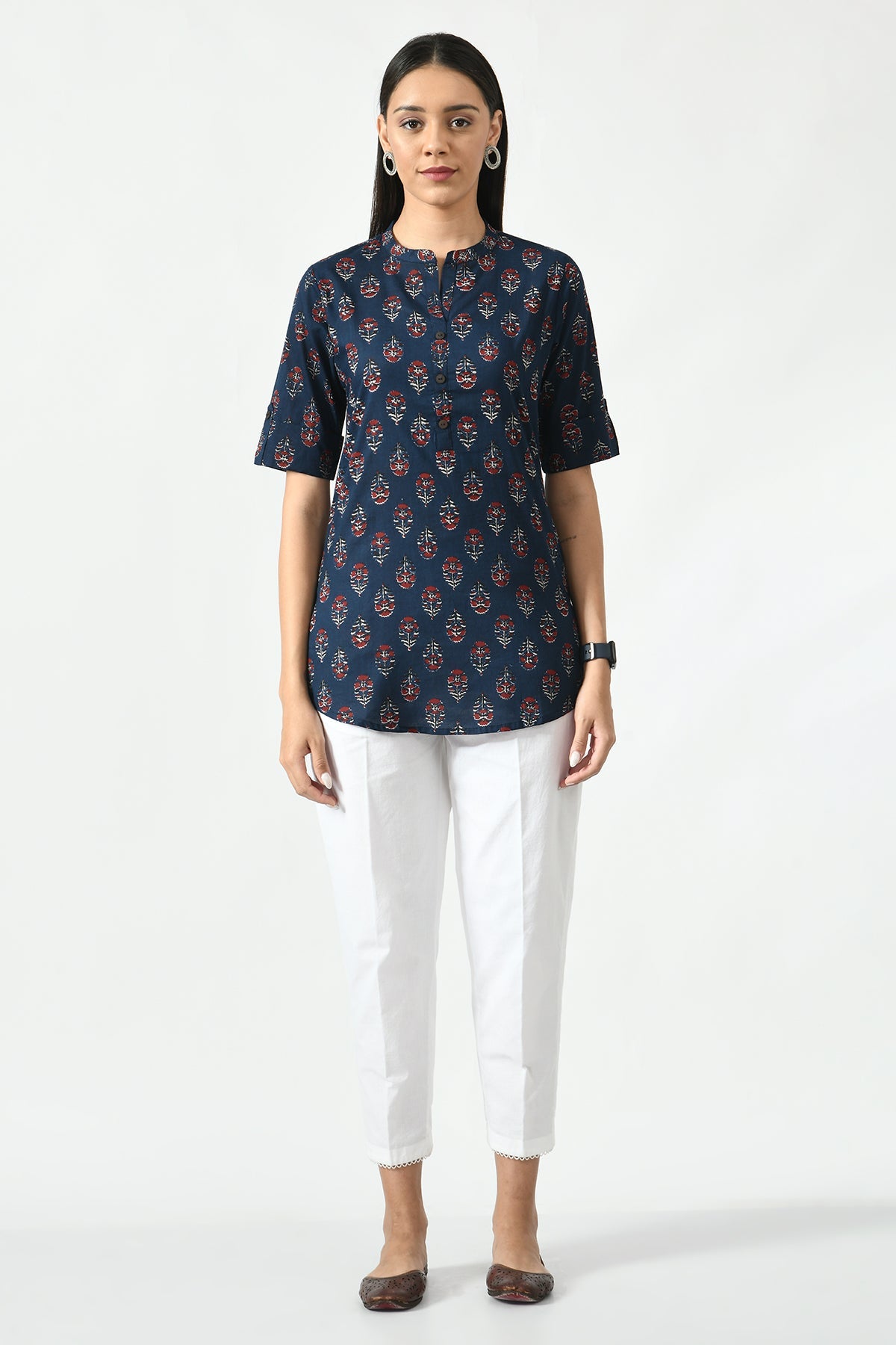 Navy Blue Floral Screen Printed Top