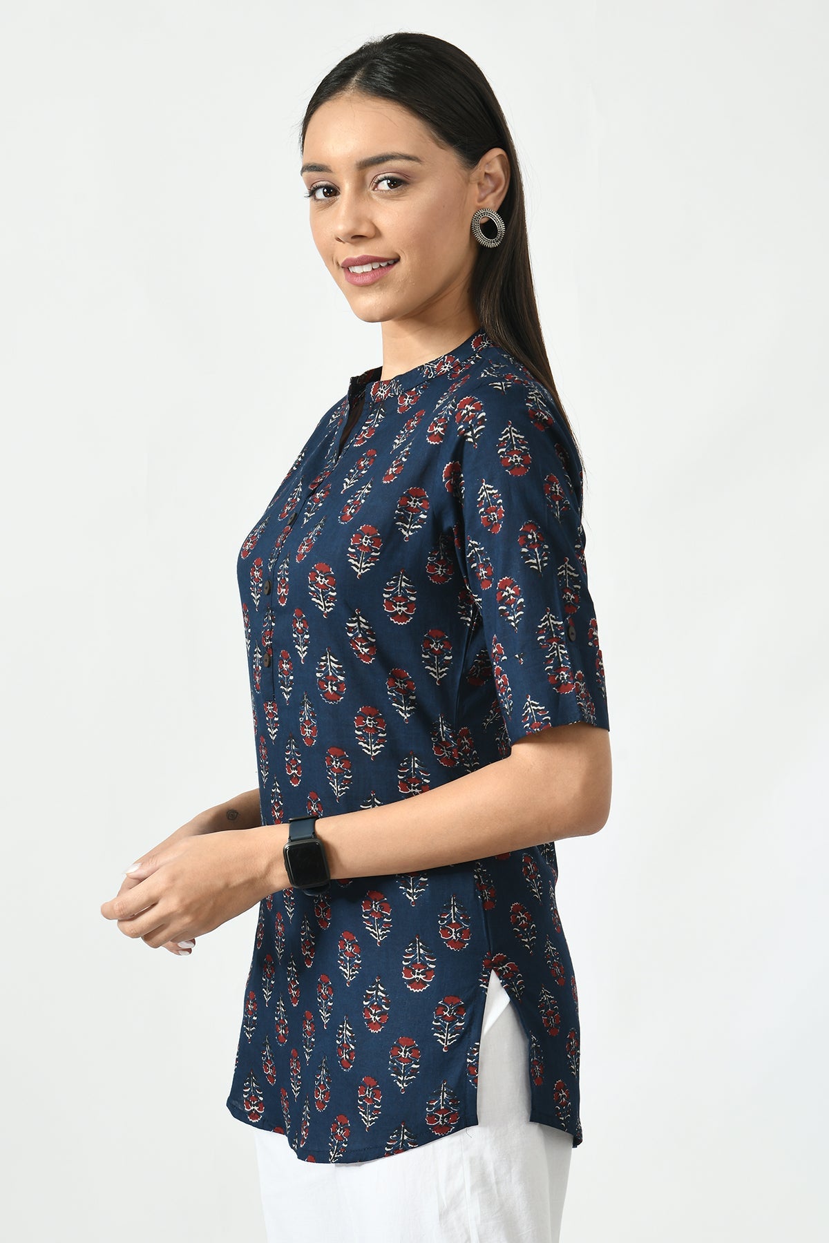 Navy Blue Floral Screen Printed Top