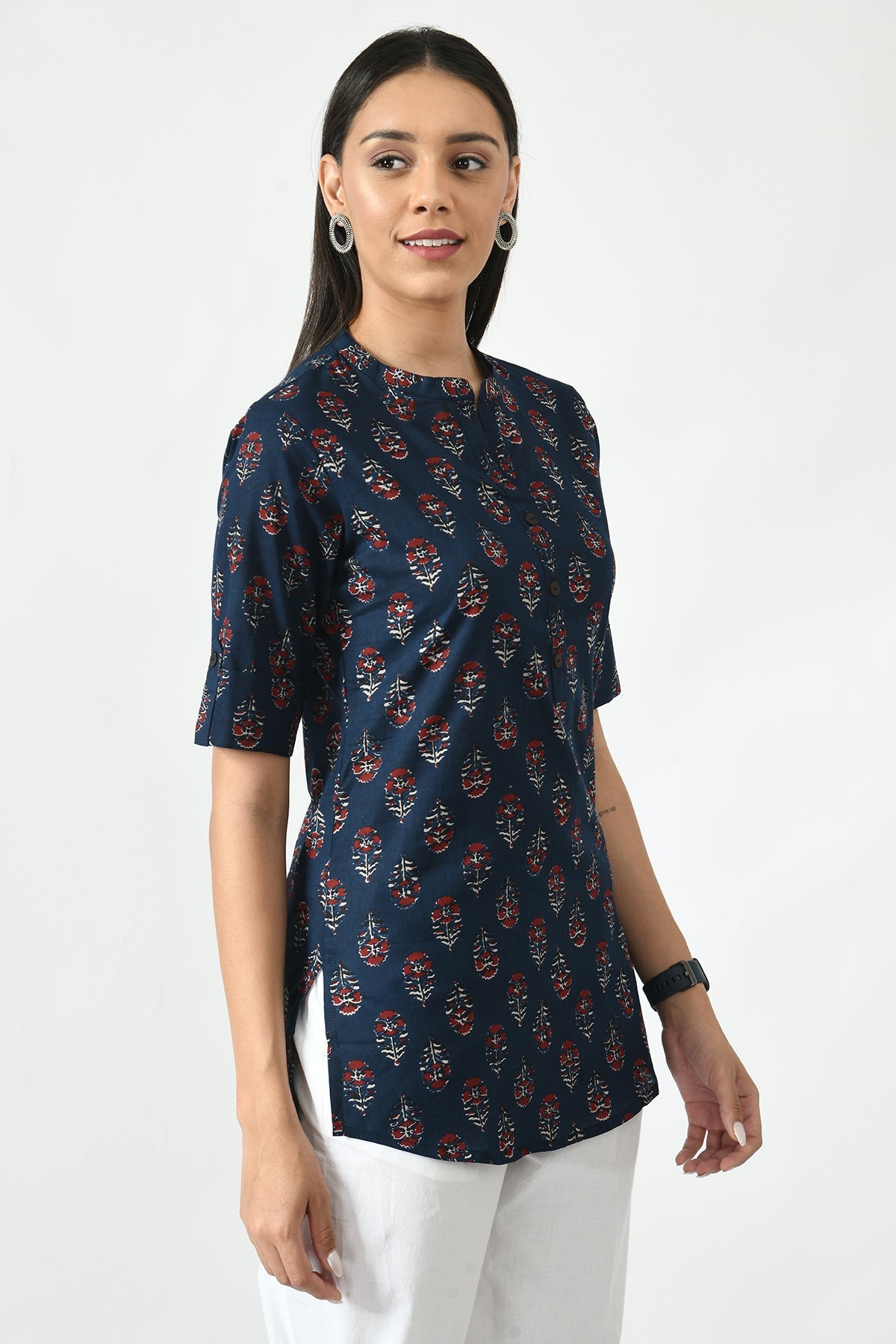 Navy Blue Floral Screen Printed Top