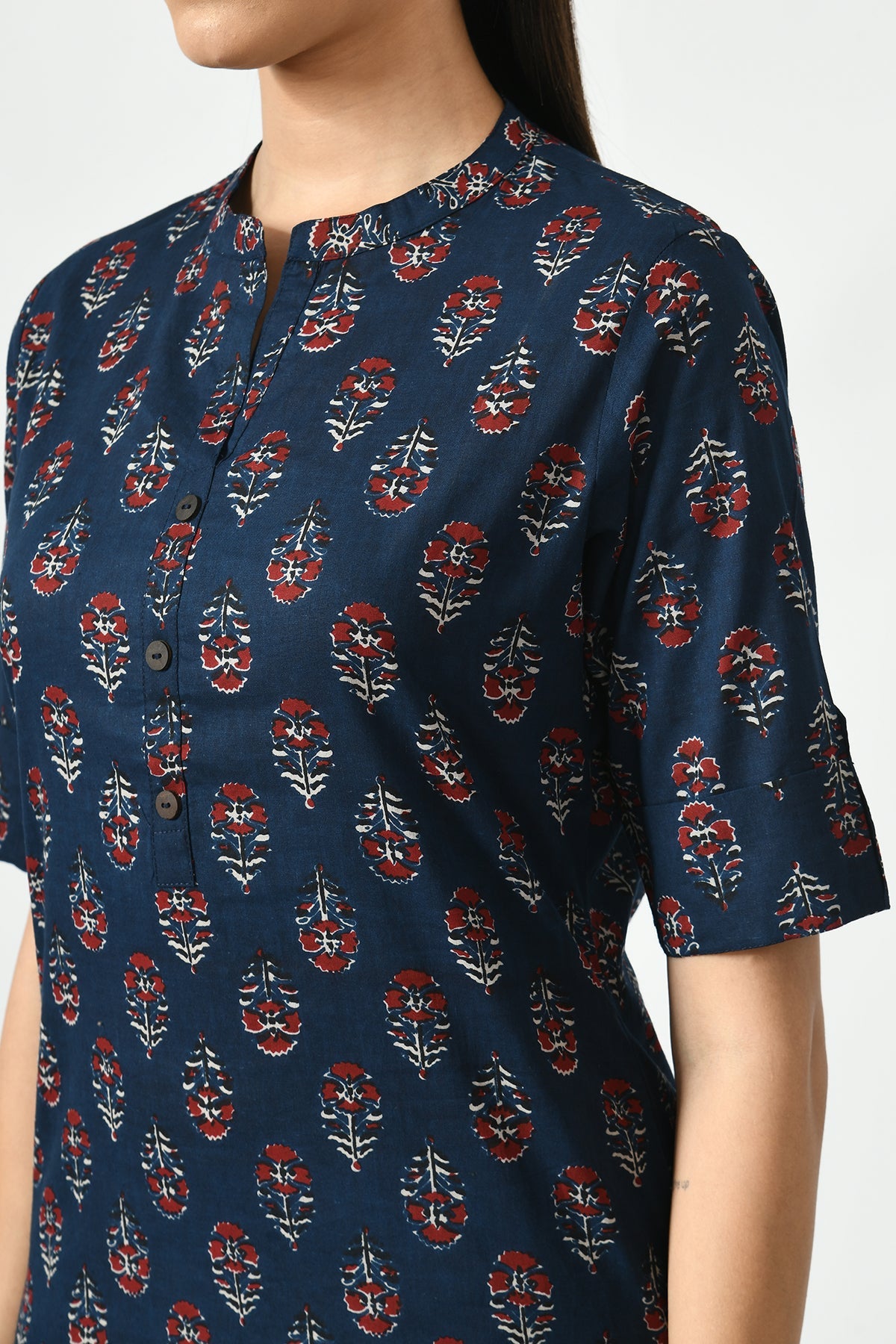 Navy Blue Floral Screen Printed Top