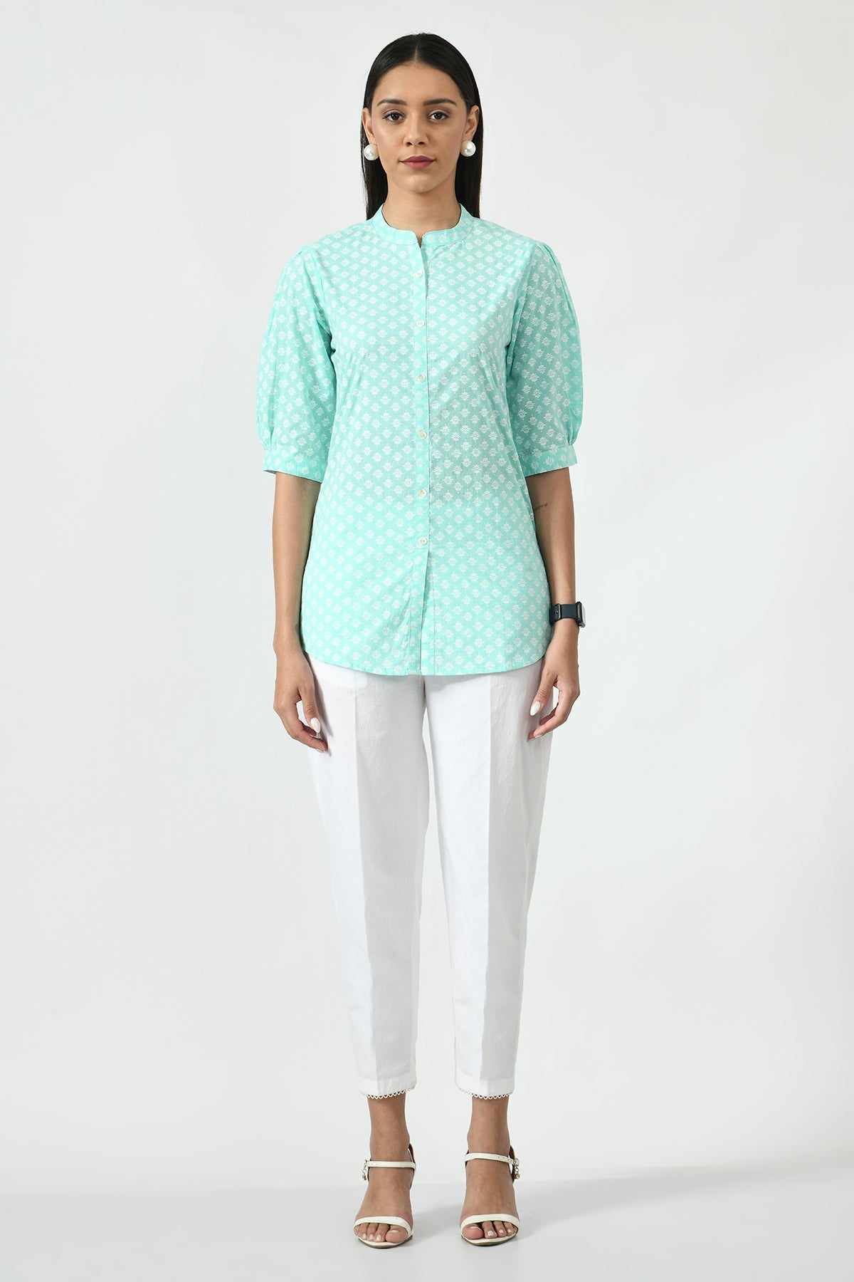 Sea Green Floral Screen Printed Top