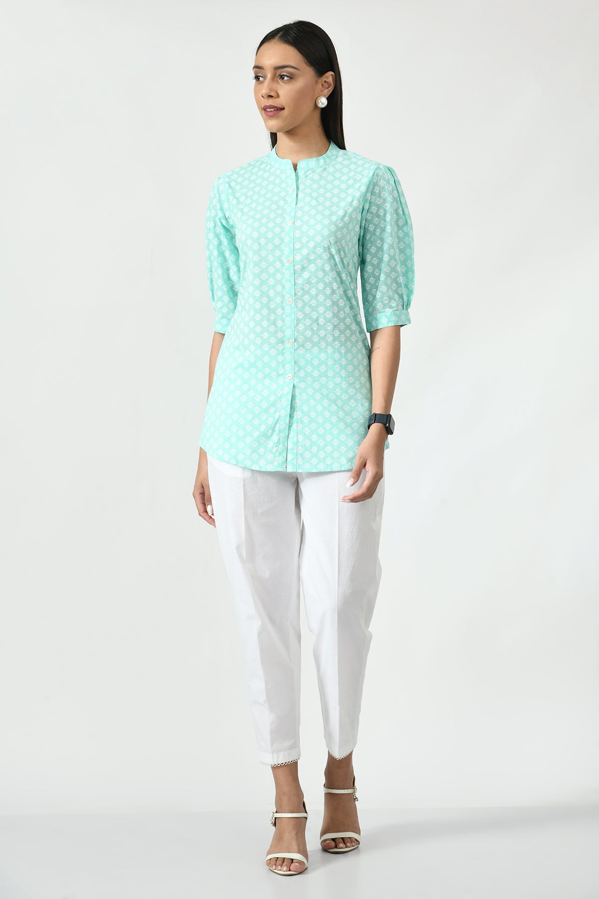 Sea Green Floral Screen Printed Top