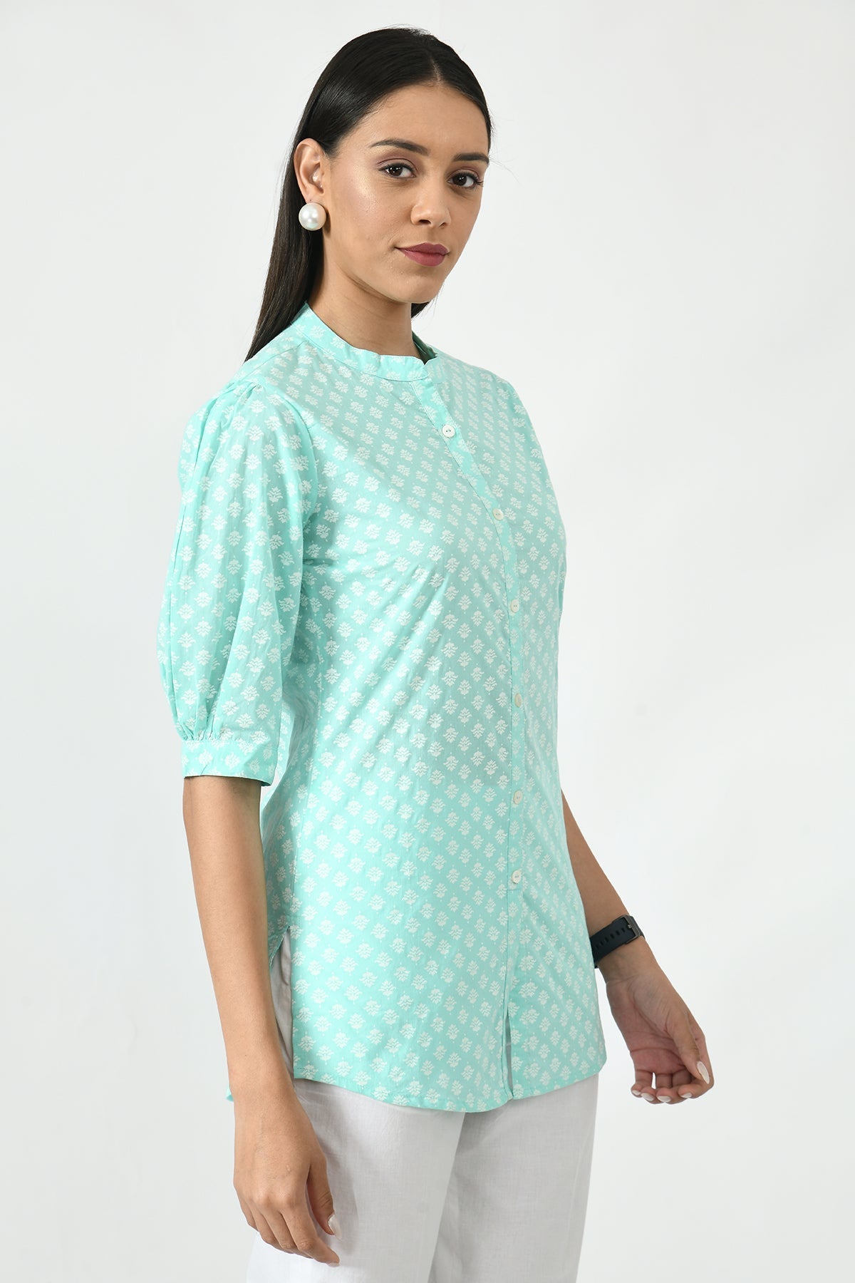 Sea Green Floral Screen Printed Top