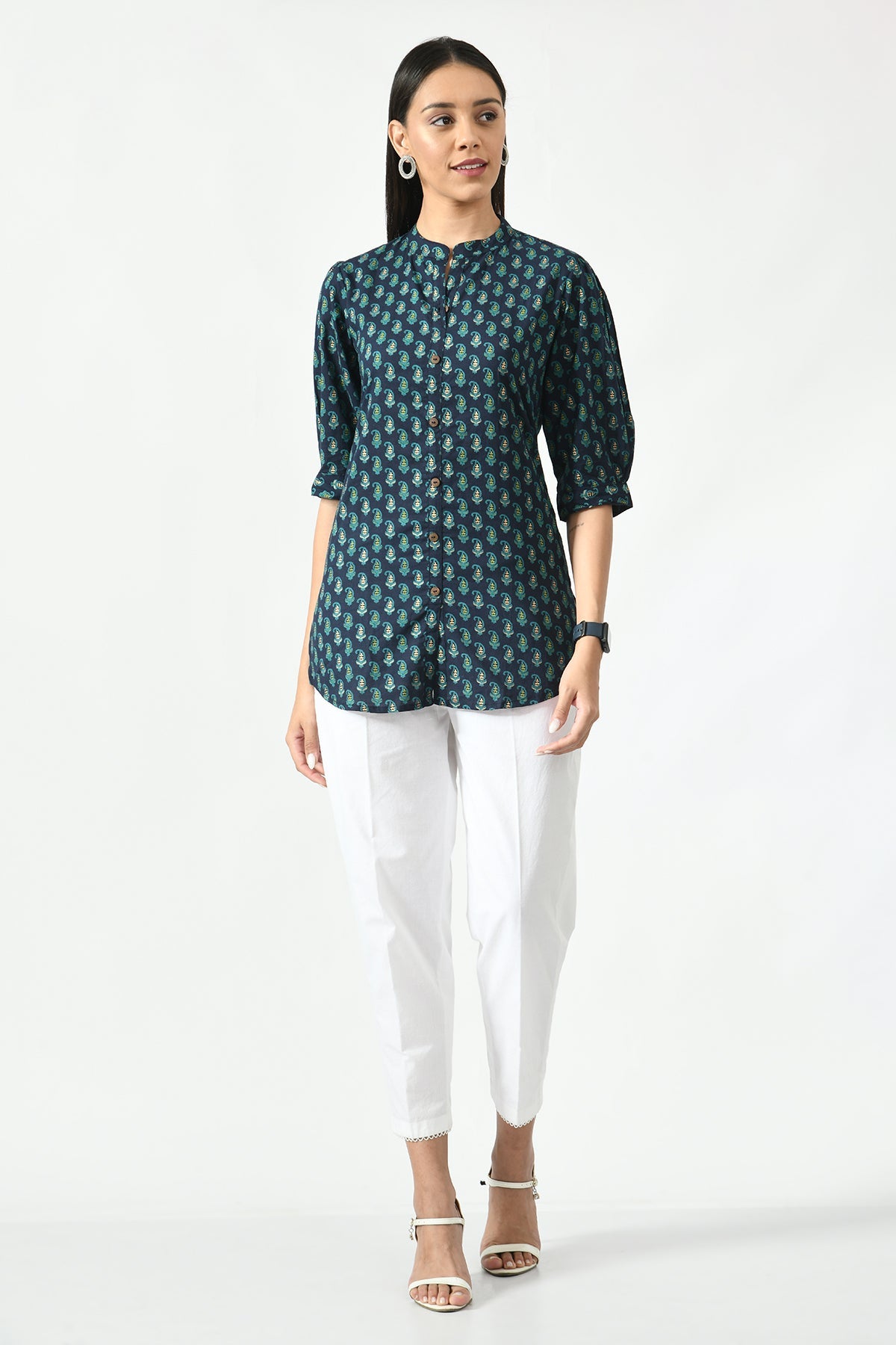 Navy Blue Floral Screen Printed Top