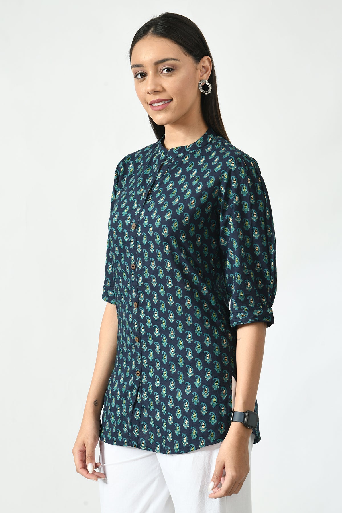 Navy Blue Floral Screen Printed Top