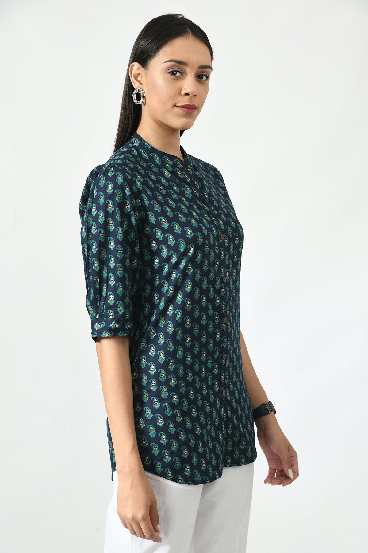Navy Blue Floral Screen Printed Top