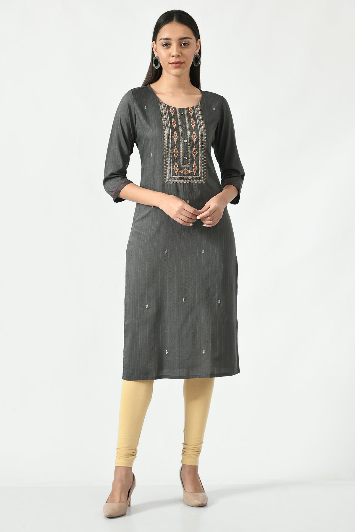 Grey Embroidered and Sequinned Straight Kurta