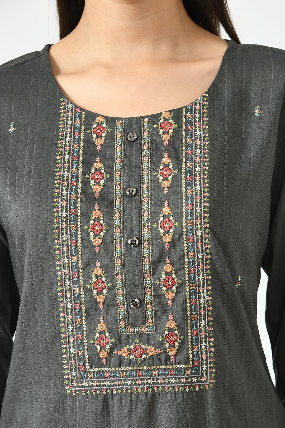 Grey Embroidered and Sequinned Straight Kurta