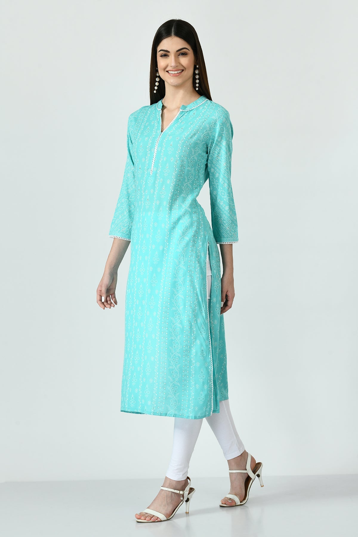 Green and White Printed Kurta