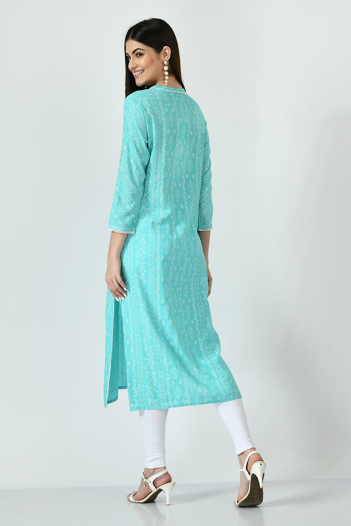 Green and White Printed Kurta
