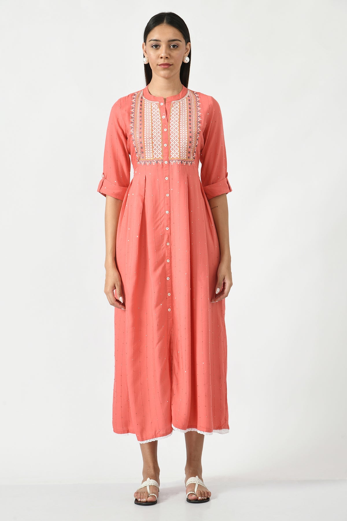 Peach Yoke Embroidered Midi Dress