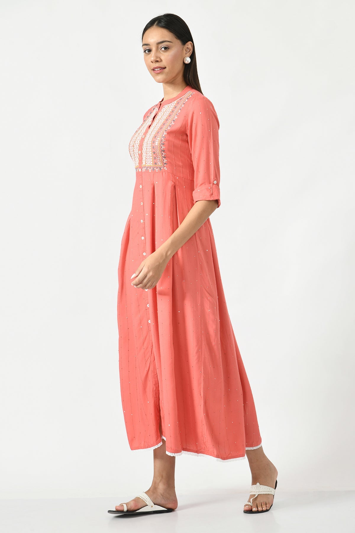 Peach Yoke Embroidered Midi Dress