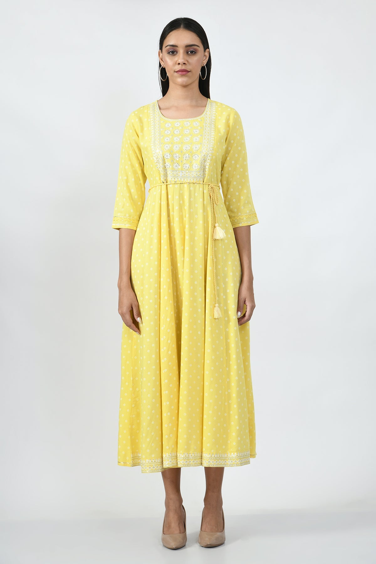 Yellow Yoke Embroidered Midi Dress